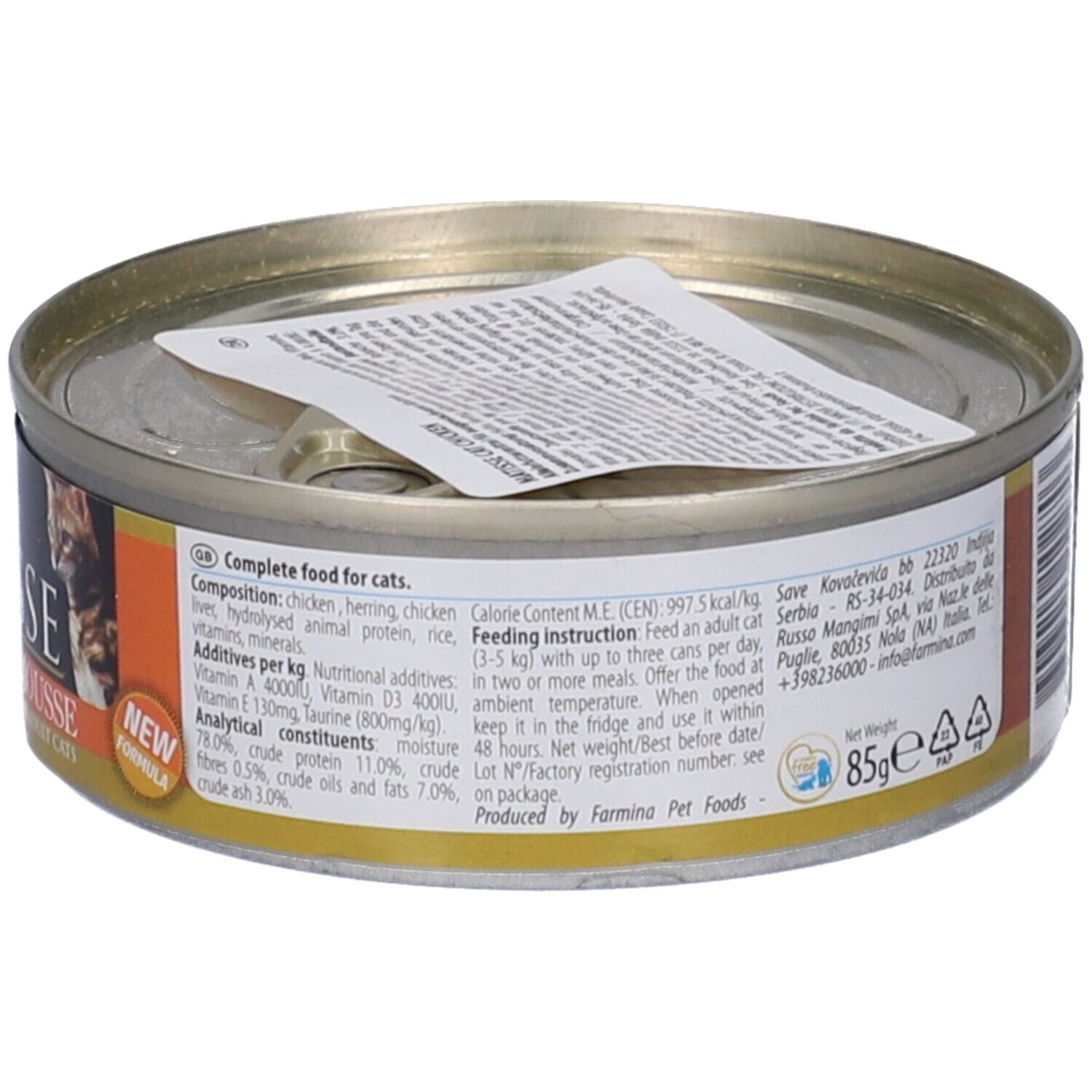 Lattina Farmina Matisse Chicken Mousse per gatti. Retro con testo. 85g. Alimento completo per gatti adulti. Nuova formula.