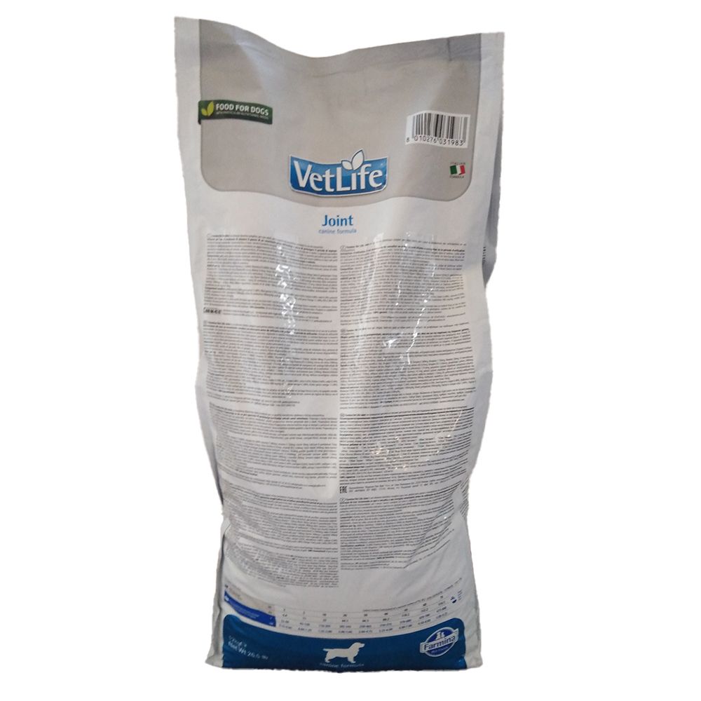 Retro del sacco Farmina VetLife Joint Canine. Contiene testo e codice a barre. Il logo VetLife è visibile in alto.