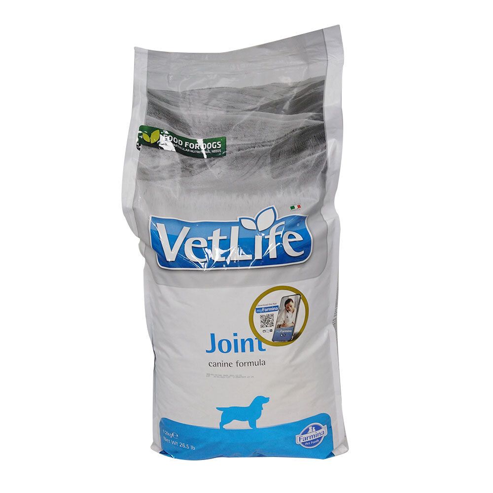 Vista laterale del sacco Farmina VetLife Joint Canine. Il sacco è bianco con testo blu. Il logo VetLife è visibile.