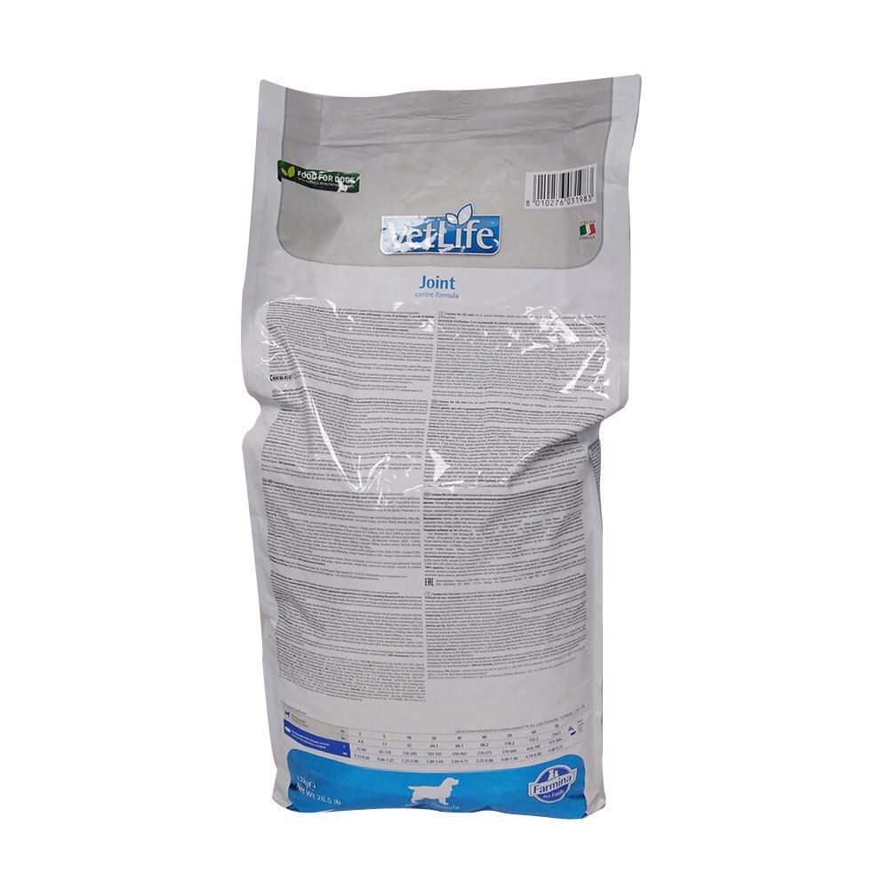 Retro del sacco Farmina VetLife Joint Canine. Contiene testo e codice a barre. Il logo VetLife è visibile in alto.