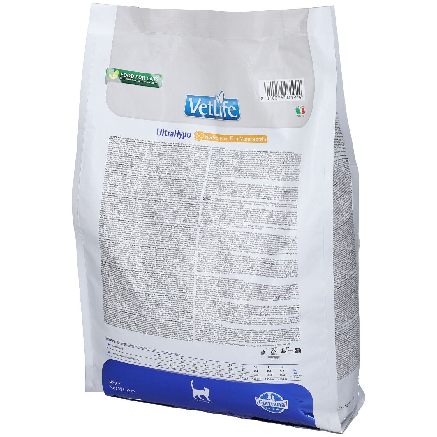 Retro di un sacchetto bianco. Scritto: VetLife UltraHypo. Testo e loghi. Codice a barre e bandiera italiana.