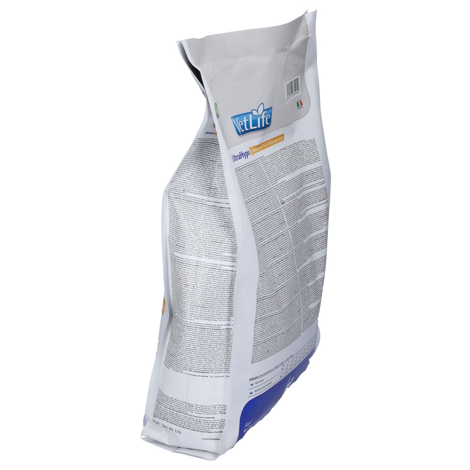 Vista laterale di un sacchetto bianco. Scritto: VetLife UltraHypo. Testo e loghi. Logo verde e bianco: Food for Cats.