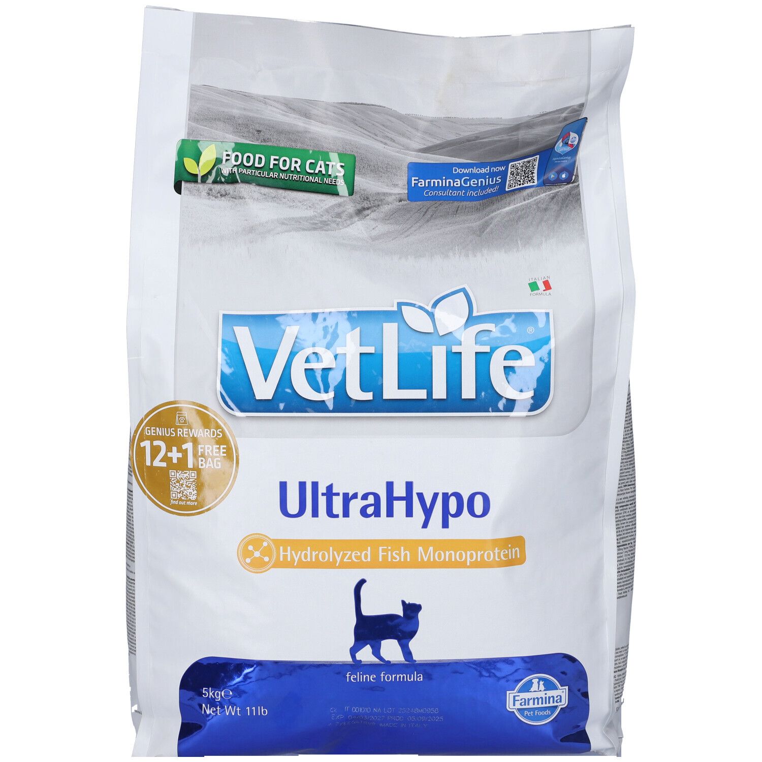 Sacchetto bianco con testo blu. Scritto: VetLife UltraHypo, monoproteina di pesce idrolizzata. Silhouette di gatto.