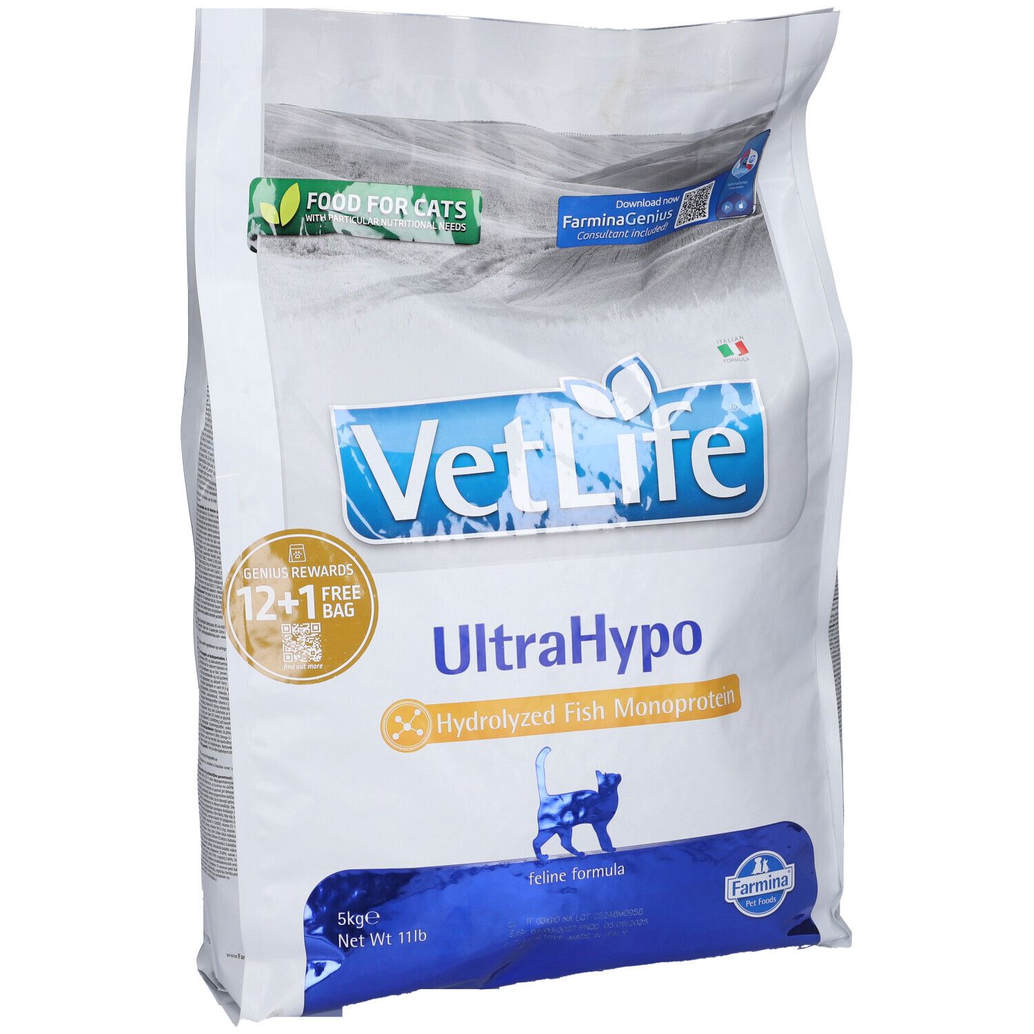 Sacchetto bianco con testo blu. Scritto: VetLife UltraHypo, monoproteina di pesce idrolizzata. Silhouette di gatto.
