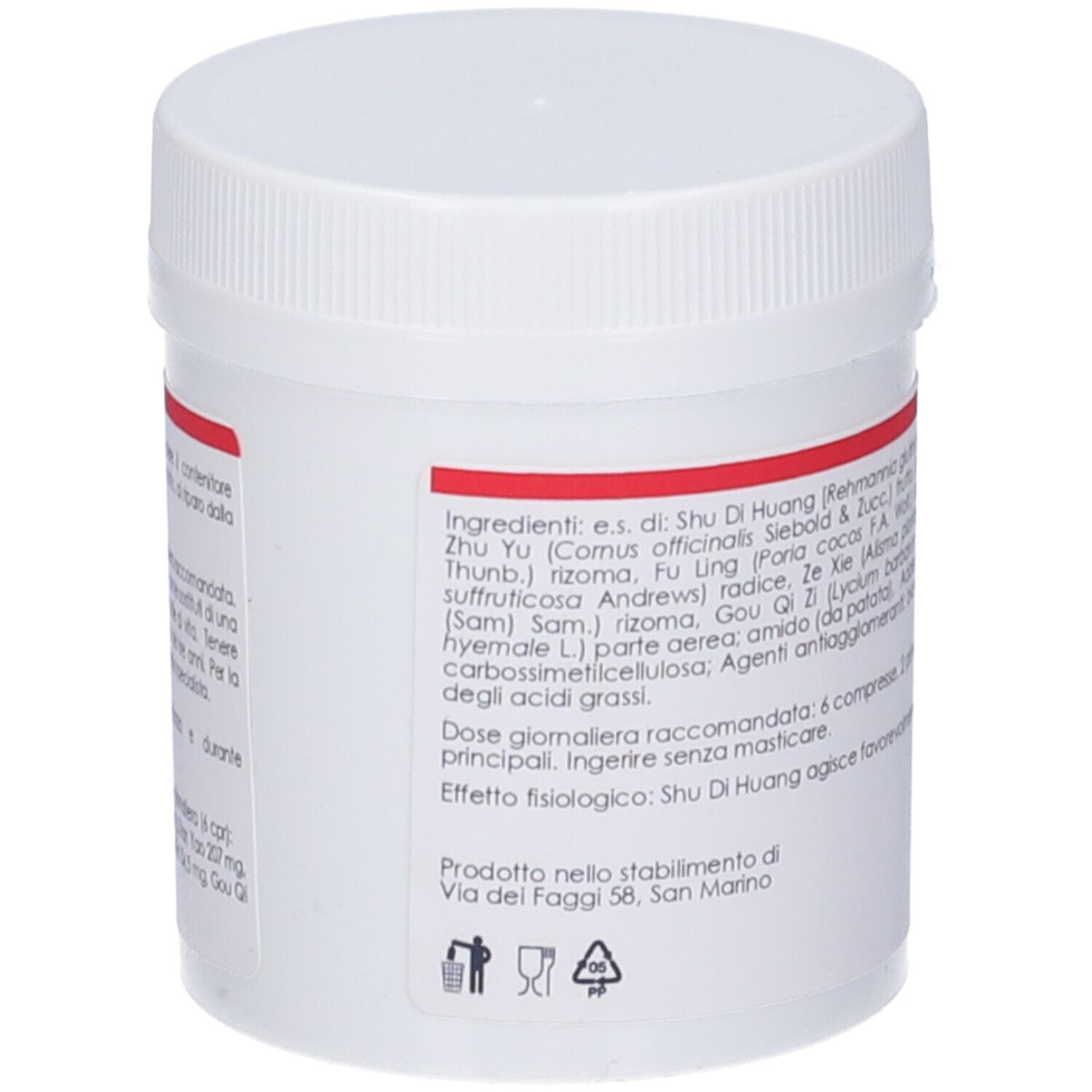 Barattolo cilindrico bianco con etichetta rossa. Testo in italiano. Elenco ingredienti.