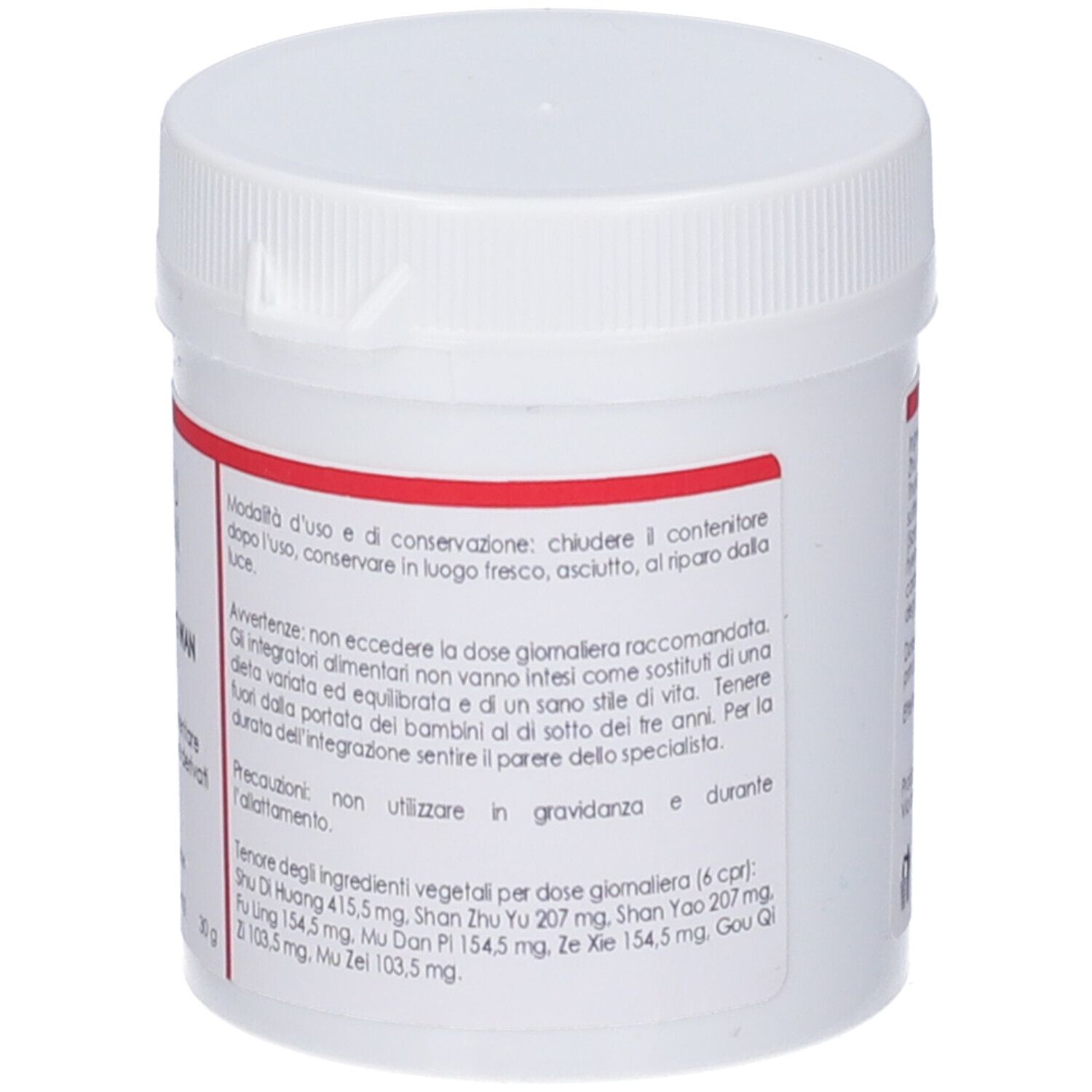 Barattolo cilindrico bianco con etichetta rossa. Testo in italiano. Istruzioni per l'uso.