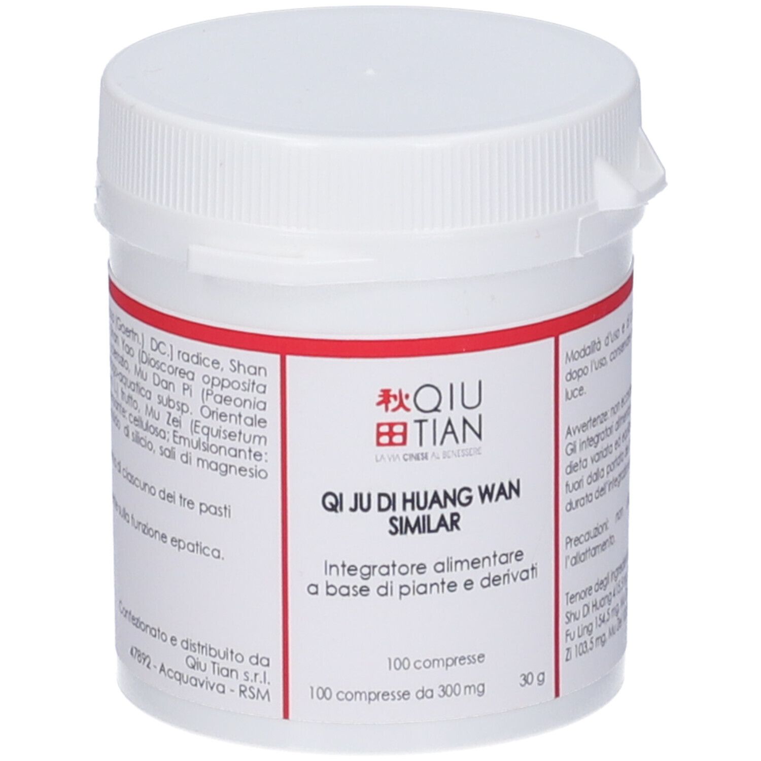 Barattolo cilindrico bianco con etichetta rossa. Nome prodotto: QI JU DI HUANG WAN SIMILAR. 100 compresse.