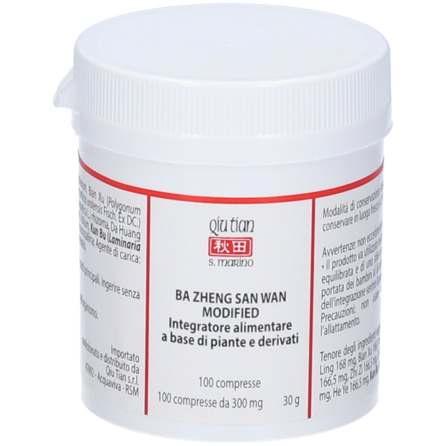 Barattolo di compresse bianco con etichetta rossa. Sull'etichetta: QIU TIAN, Ba Zheng San Wan Modified, 100 compresse.