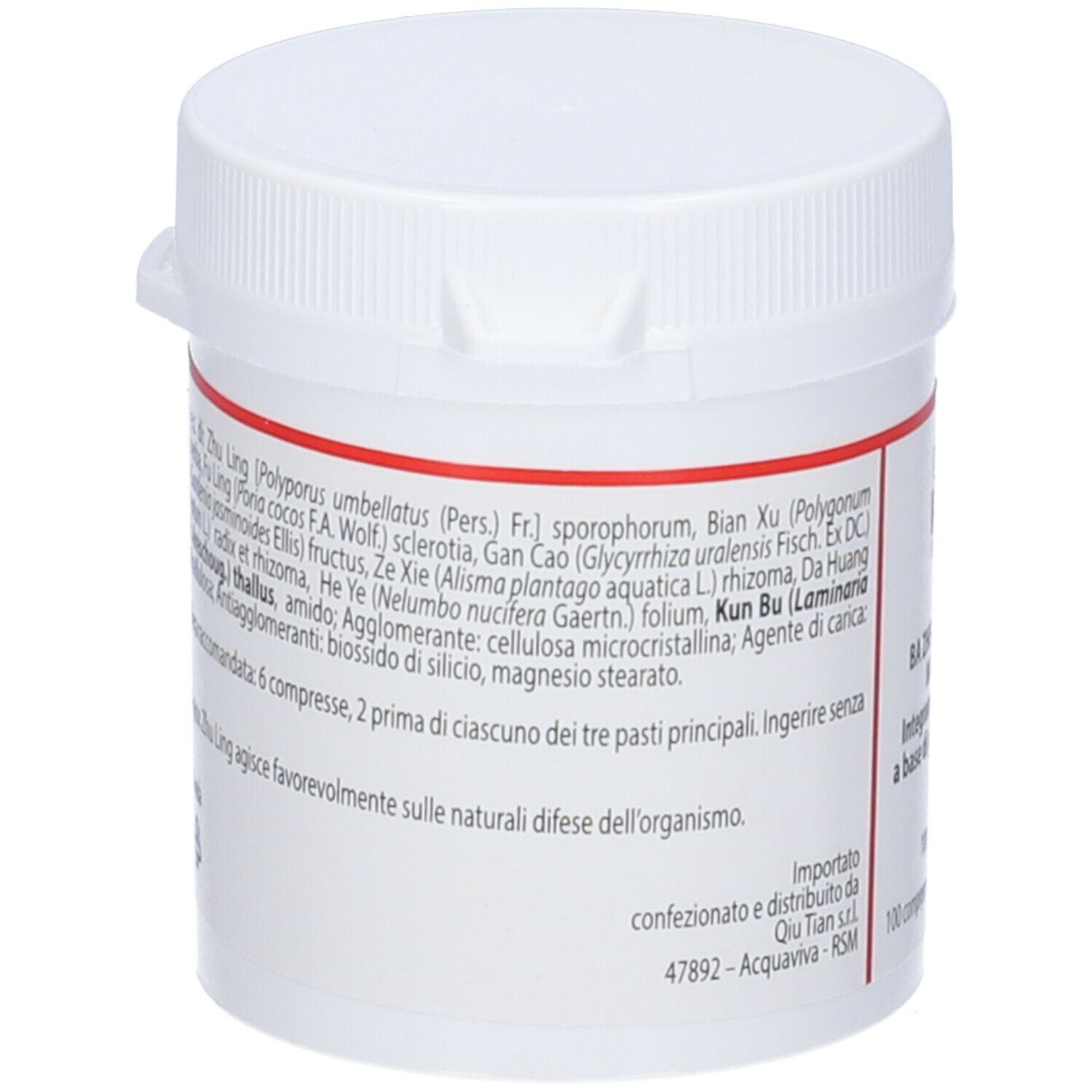 Barattolo di compresse bianco con etichetta rossa. Sull'etichetta: QIU TIAN, Ba Zheng San Wan Modified, elenco ingredienti.