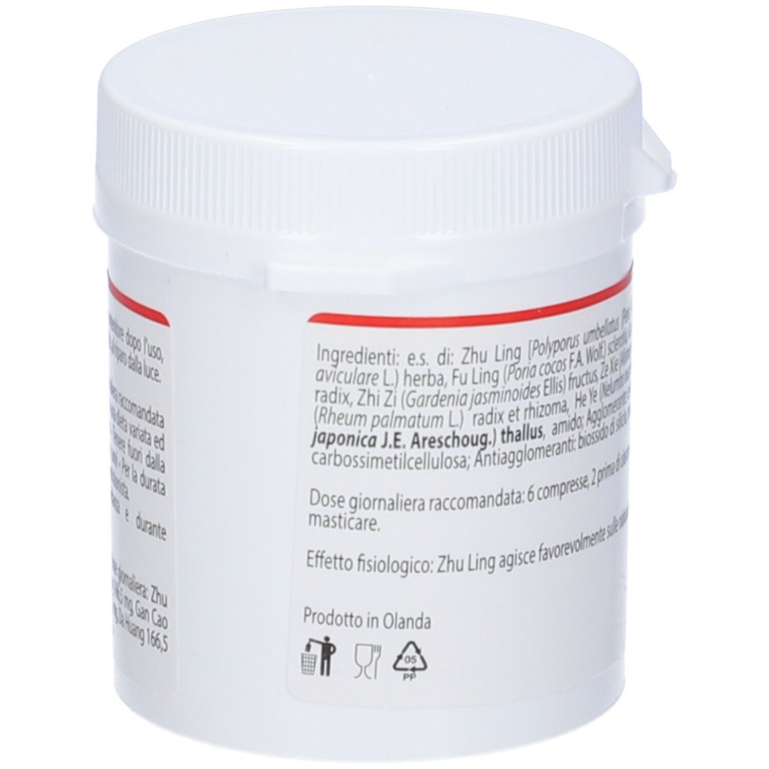 Barattolo di compresse bianco con etichetta rossa. Sull'etichetta: QIU TIAN, Ba Zheng San Wan Modified, elenco ingredienti.