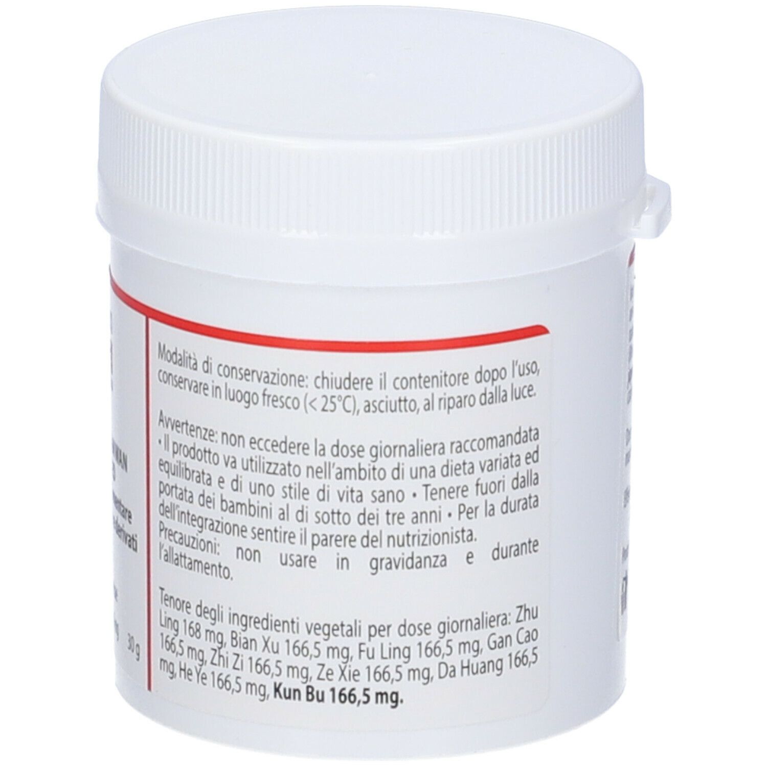 Barattolo di compresse bianco con etichetta rossa. Sull'etichetta: QIU TIAN, Ba Zheng San Wan Modified, istruzioni.