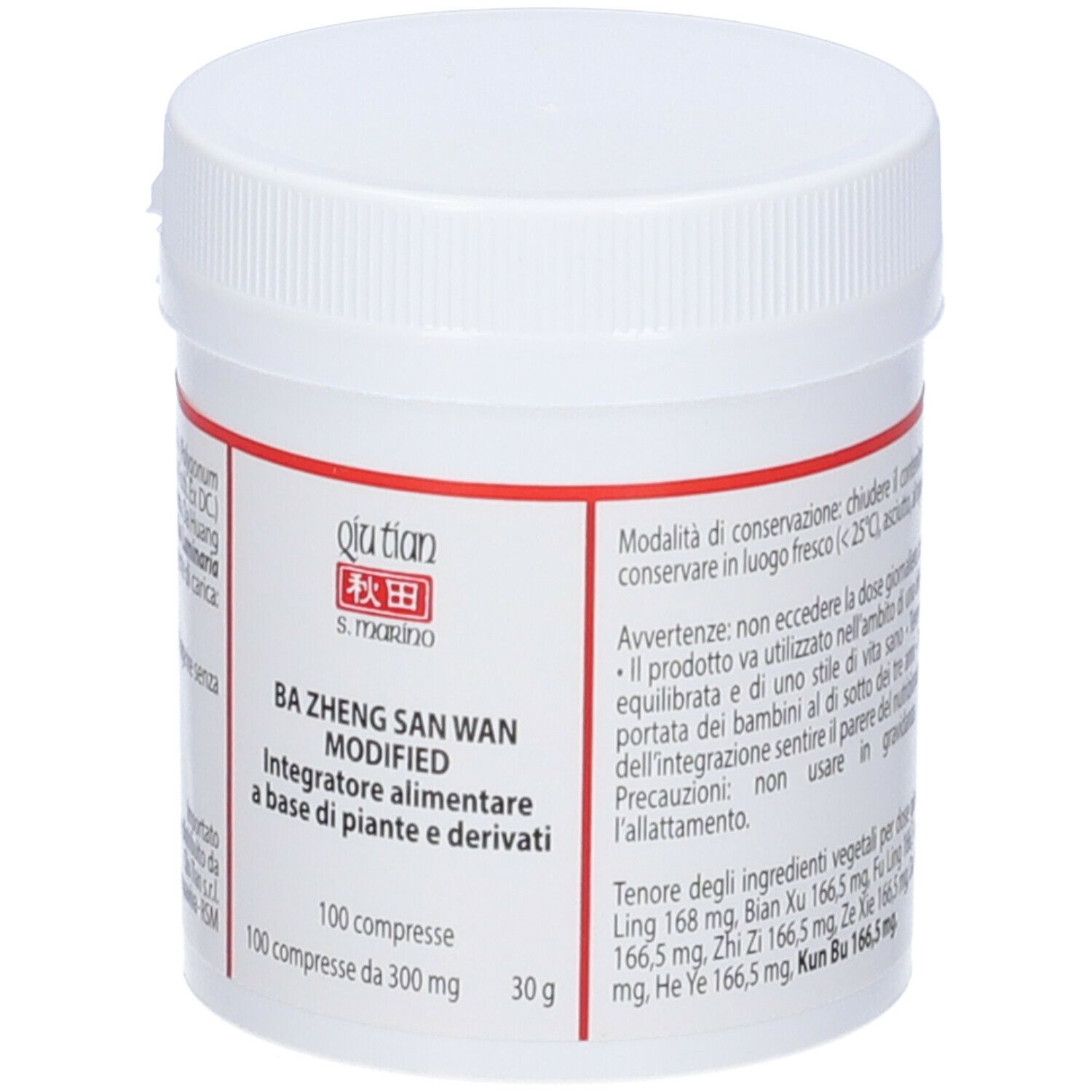 Barattolo di compresse bianco con etichetta rossa. Sull'etichetta: QIU TIAN, Ba Zheng San Wan Modified, istruzioni.