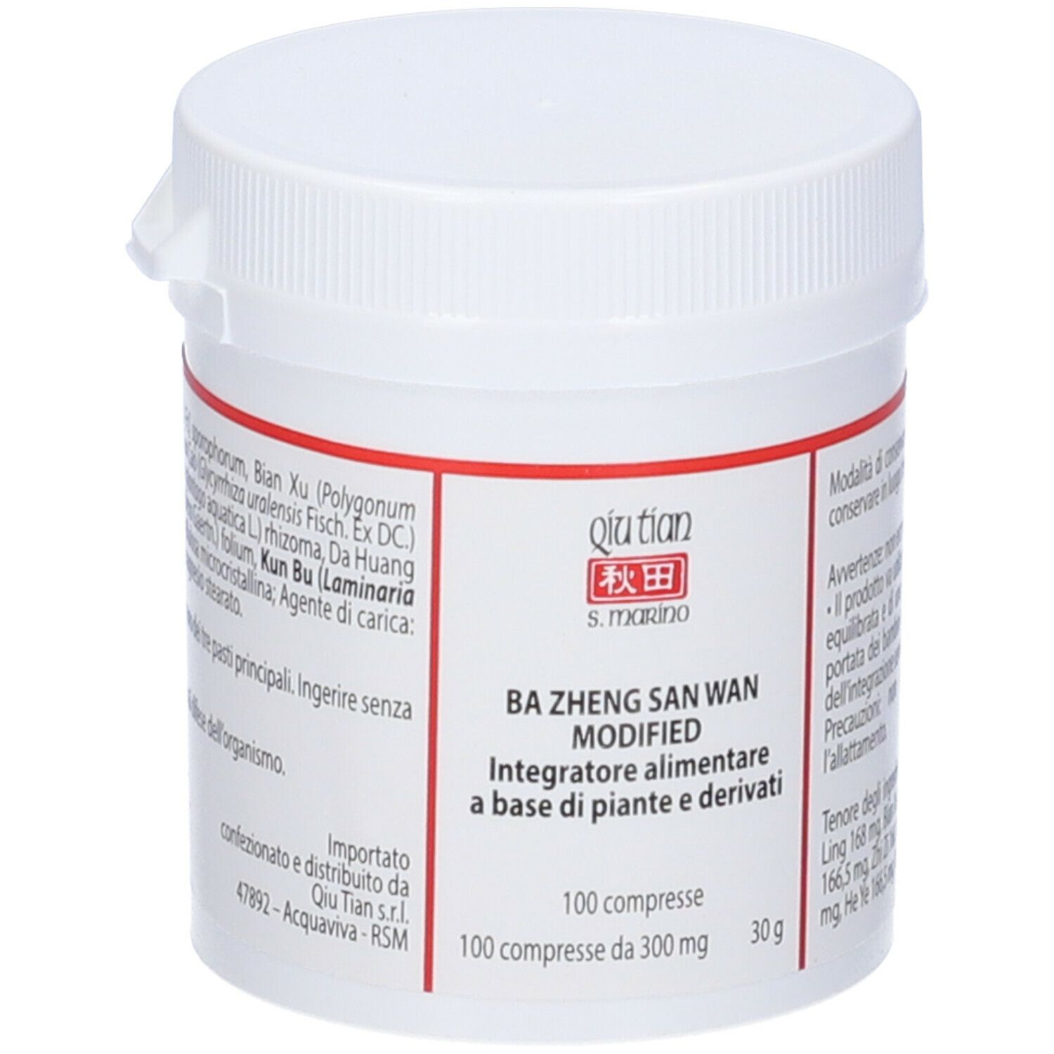 Barattolo di compresse bianco con etichetta rossa. Sull'etichetta: QIU TIAN, Ba Zheng San Wan Modified, 100 compresse.