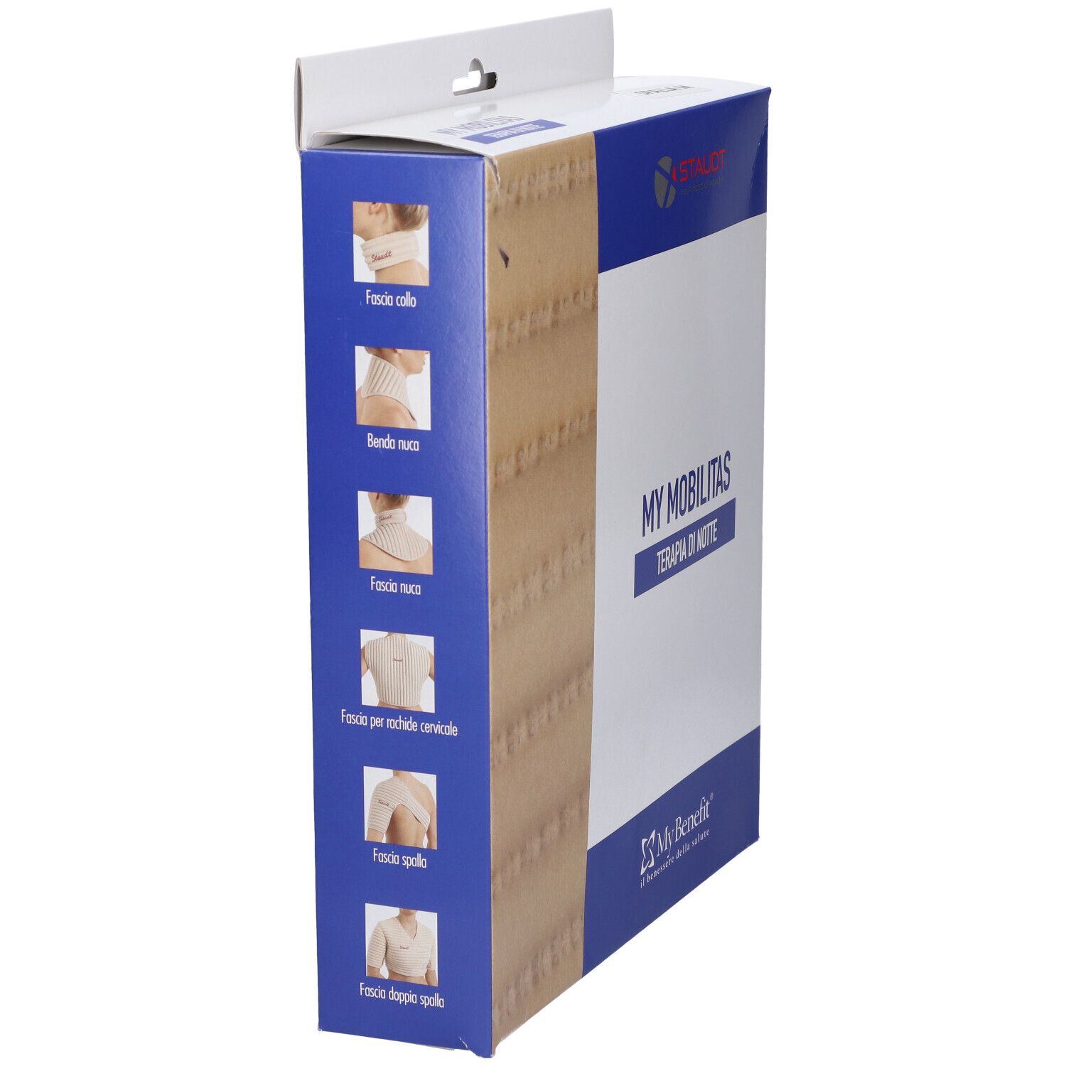 Confezione My Mobilitas, vista laterale. Bianca, blu e beige. Loghi Staudt e MyBenefit. Testo: My Mobilitas, Terapia di Notte.