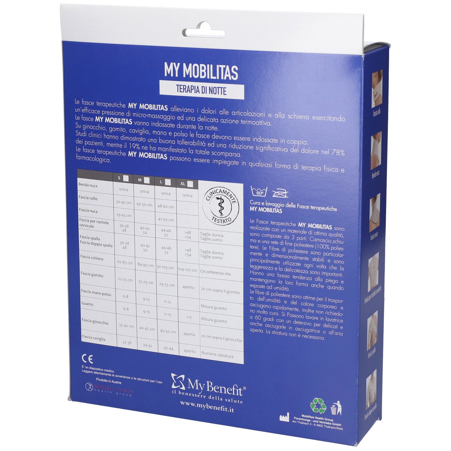 Retro della confezione My Mobilitas. Testo e diagrammi. Logo MyBenefit. Testo: Clinicamente Testato. Simboli di lavaggio.