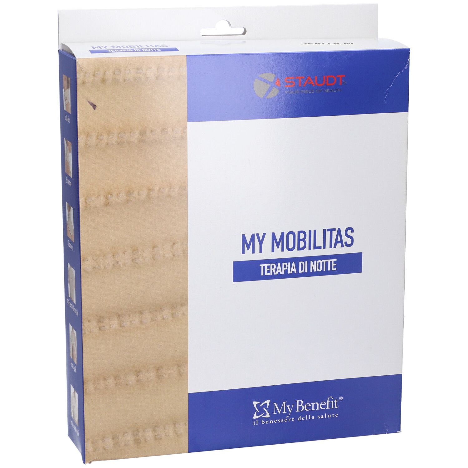 Confezione My Mobilitas. Bianca, blu e beige. Loghi Staudt e MyBenefit. Testo: My Mobilitas, Terapia di Notte.