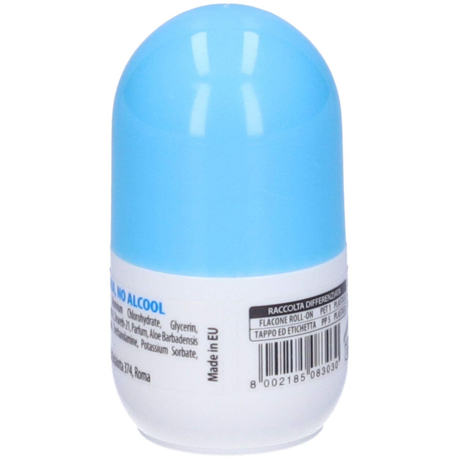 Retro del deodorante roll-on. Tappo blu, contenitore bianco. Scritta: Ingredienti, codice a barre, Made in EU.