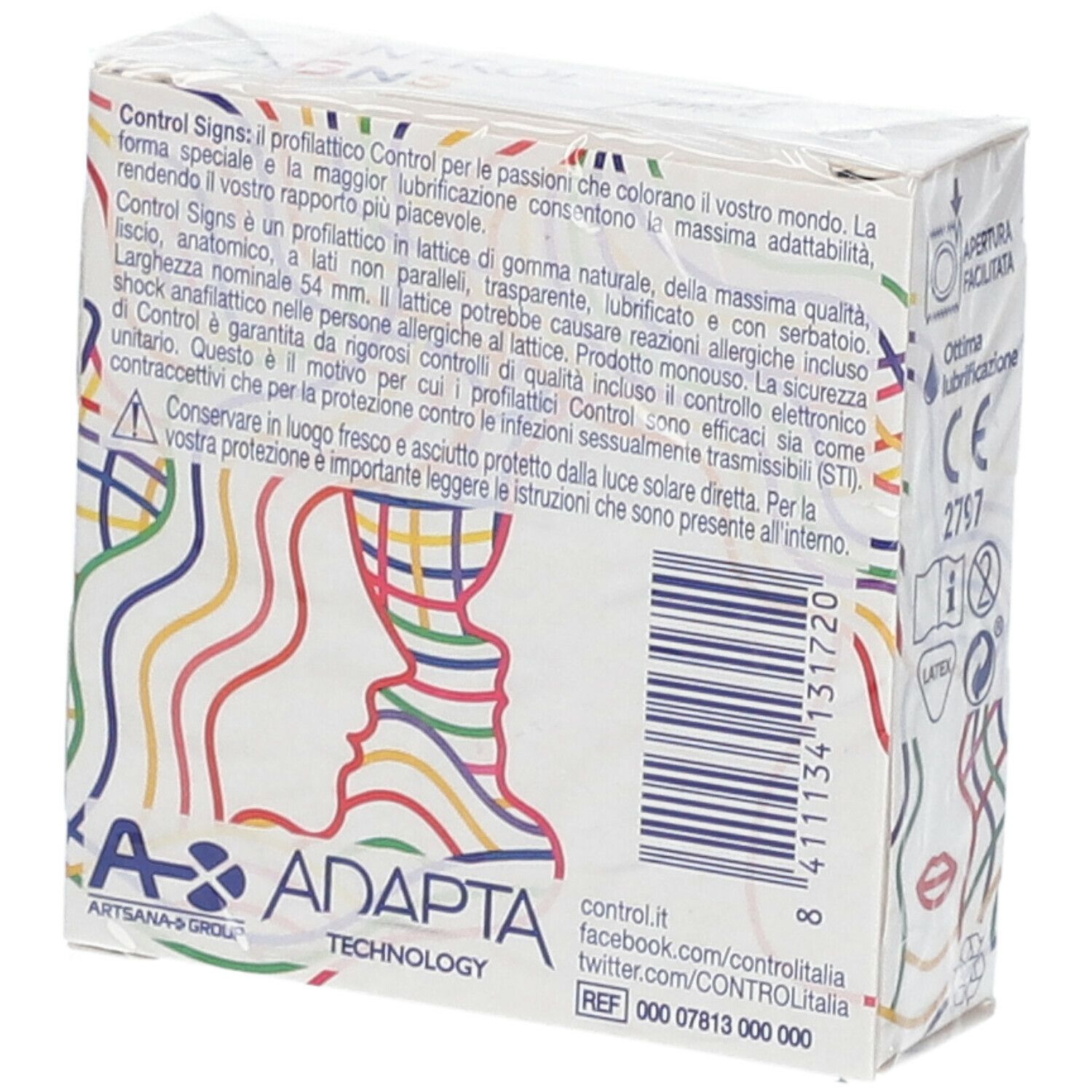 Retro confezione "CONTROL SIGNS". Estratti di testo, codice a barre, contatti e marchio CE.