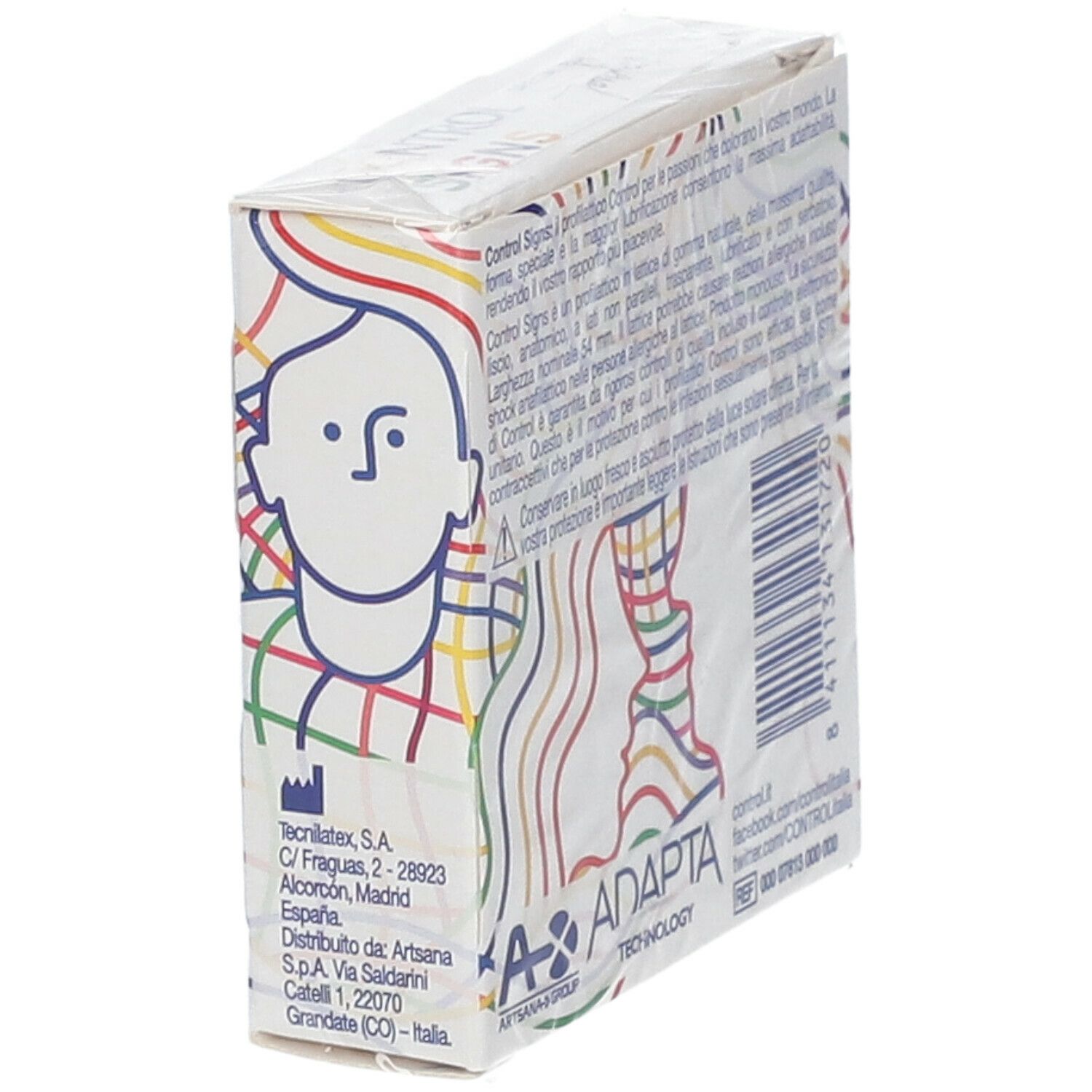 Vista laterale della confezione "CONTROL SIGNS". Estratti di testo, contatti e logo.