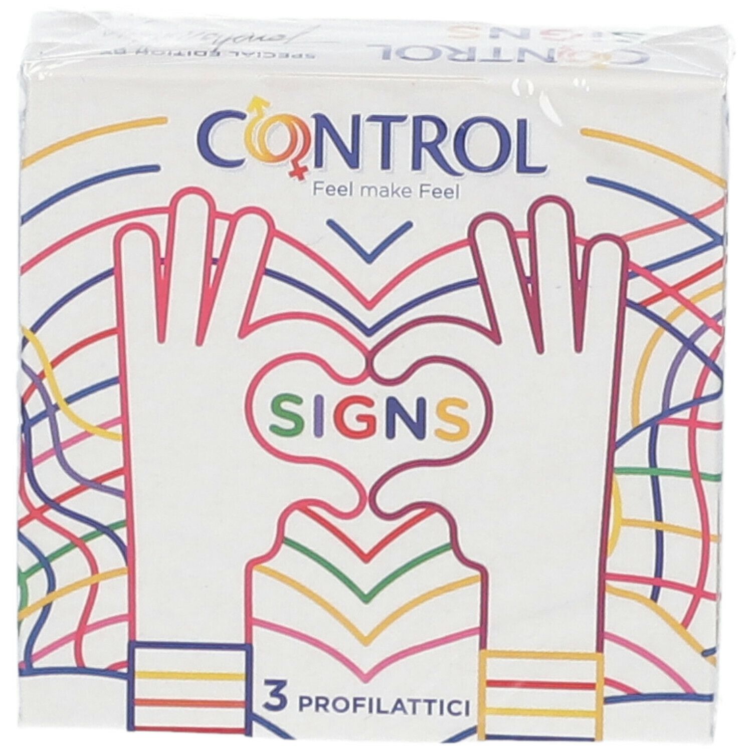 Confezione "CONTROL SIGNS" con mani a cuore e "3 profilattici". Scritta "SPECIAL EDITION".