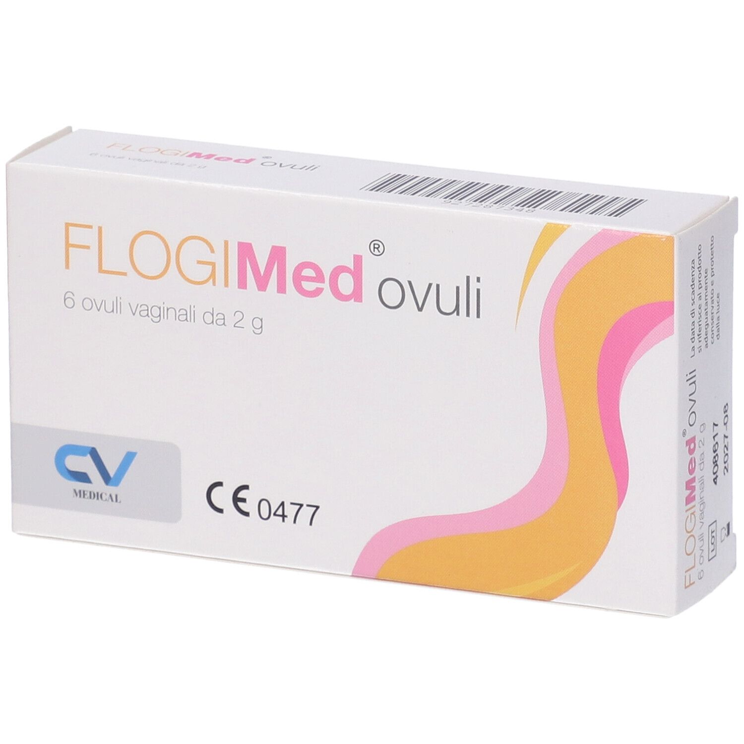 Scatola di FlogiMed ovuli. Scritto: 6 ovuli vaginali da 2 g. Logo CV Medical. Marchio CE.