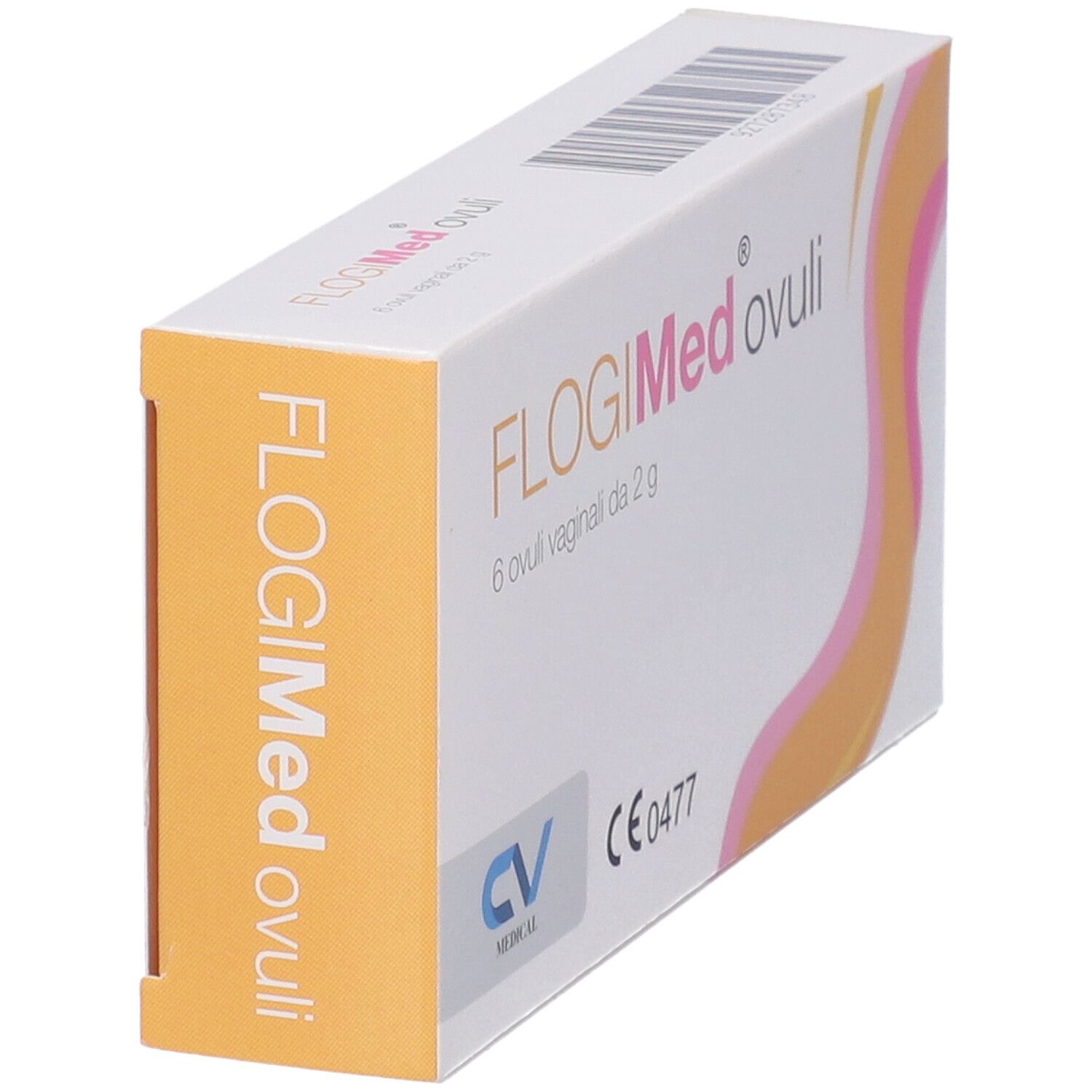 Scatola FlogiMed ovuli. Scritto: 6 ovuli vaginali da 2 g. Logo CV Medical. Marchio CE. Vista laterale.