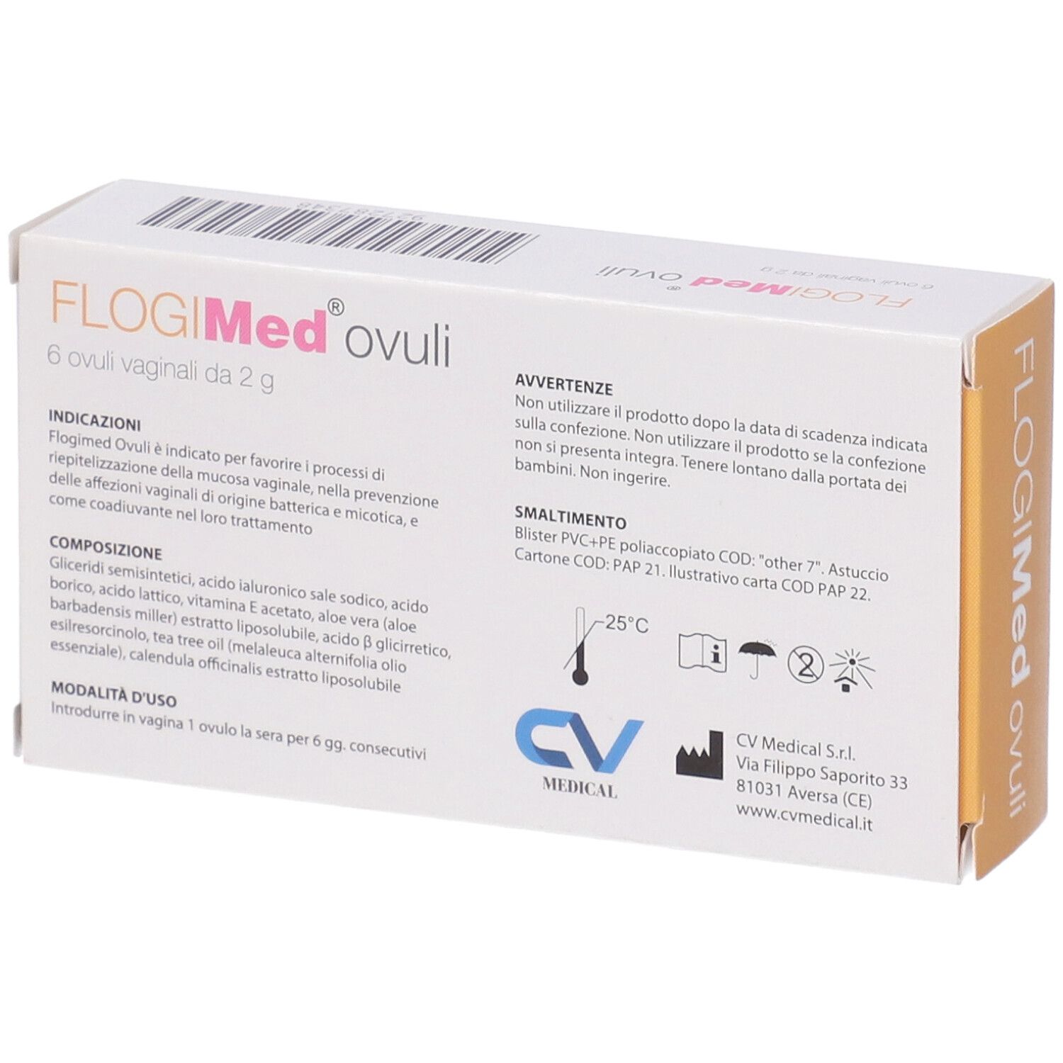 Scatola FlogiMed ovuli. Scritto: 6 ovuli vaginali da 2 g. Logo CV Medical. Ingredienti. Marchio CE.