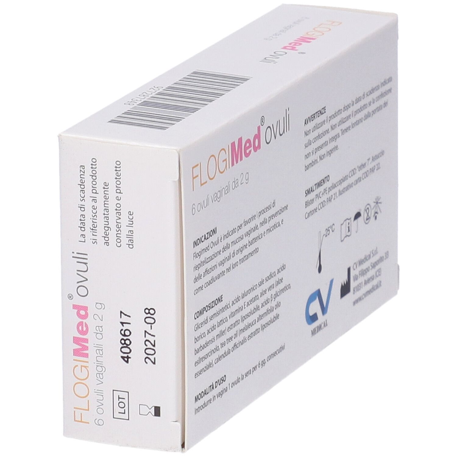 Scatola FlogiMed ovuli. Scritto: 6 ovuli vaginali da 2 g. Logo CV Medical. Marchio CE. Vista laterale.