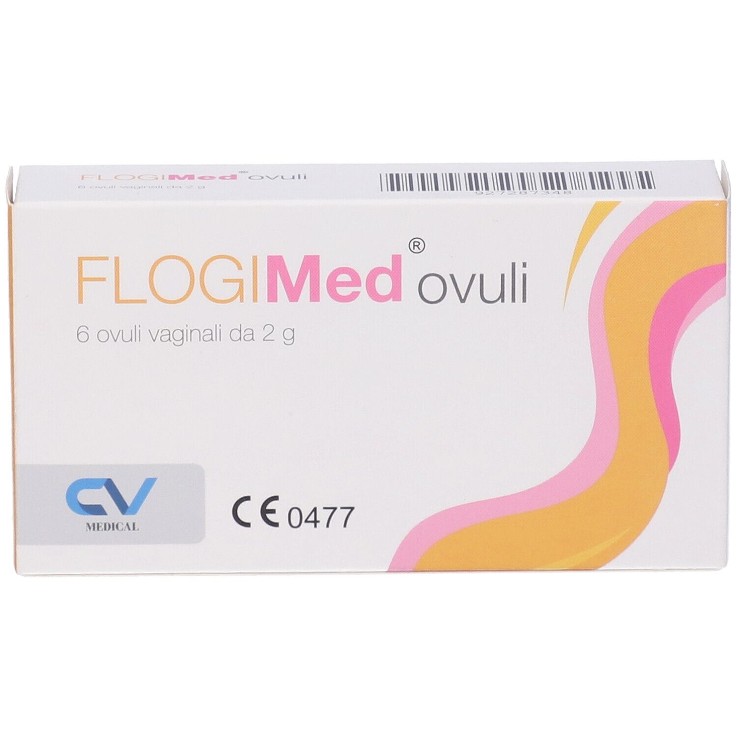 Scatola di FlogiMed ovuli. Scritto: 6 ovuli vaginali da 2 g. Logo CV Medical. Marchio CE.