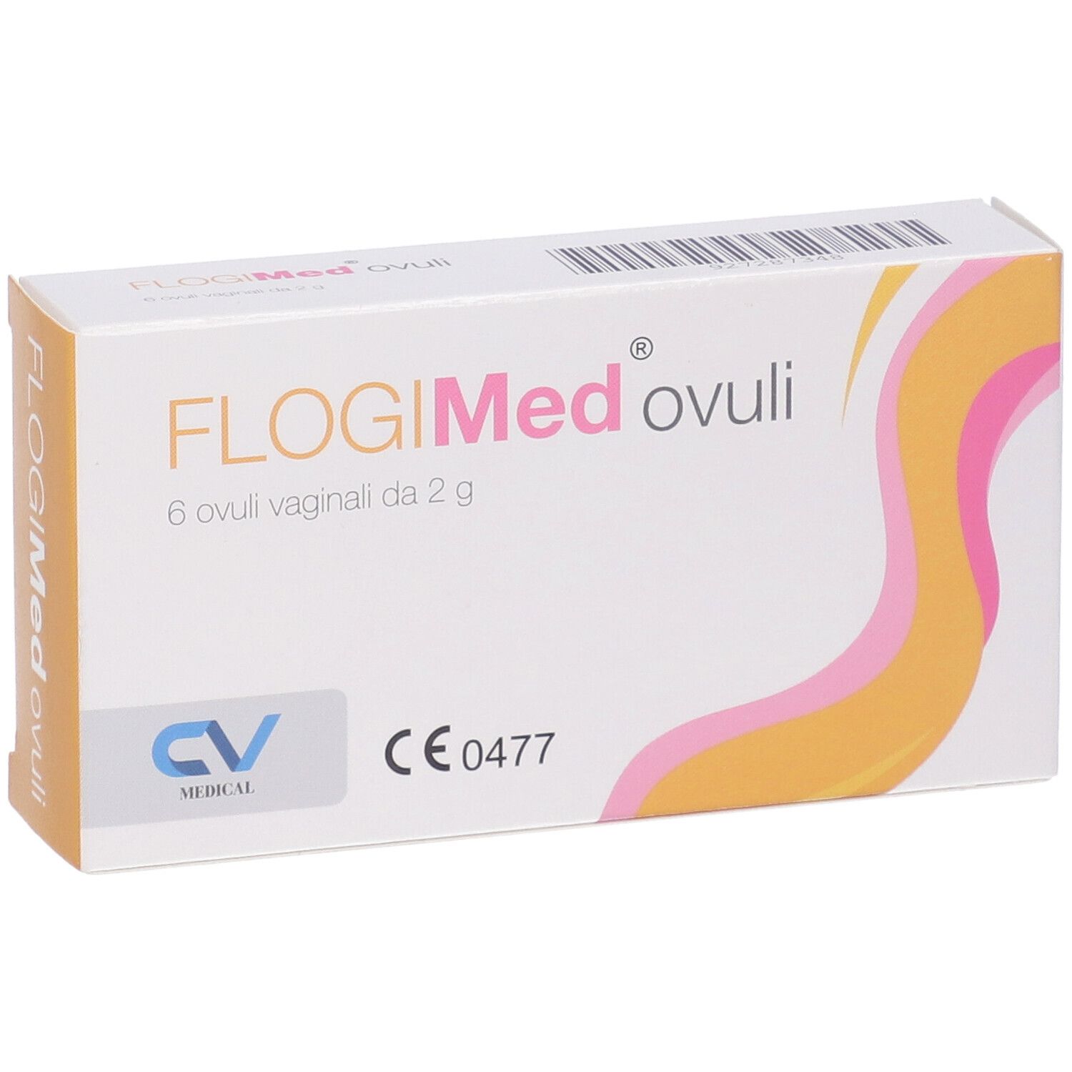 Scatola di FlogiMed ovuli. Scritto: 6 ovuli vaginali da 2 g. Logo CV Medical. Marchio CE.