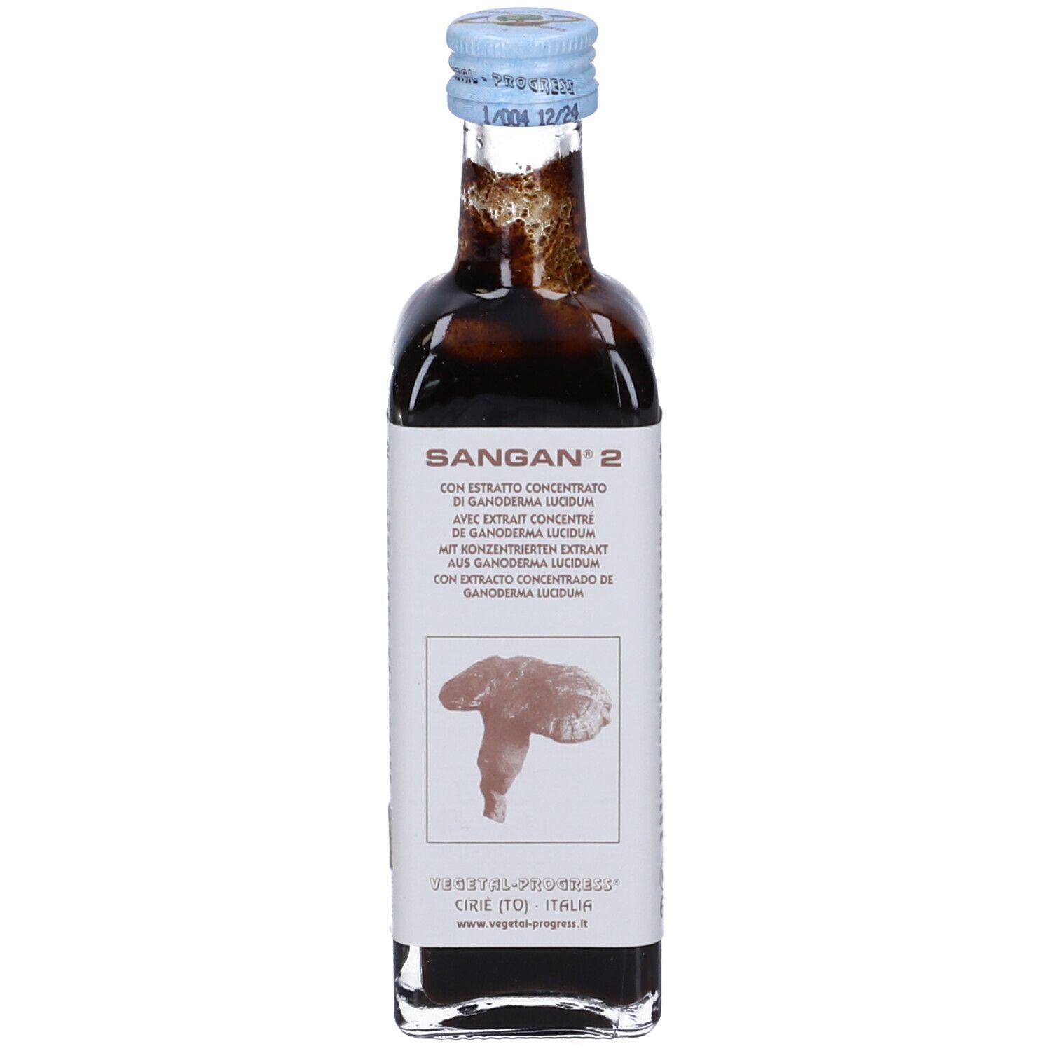 Flacone trasparente con liquido marrone. Etichetta con nome del prodotto e illustrazione. Tappo blu. Testo multilingue.