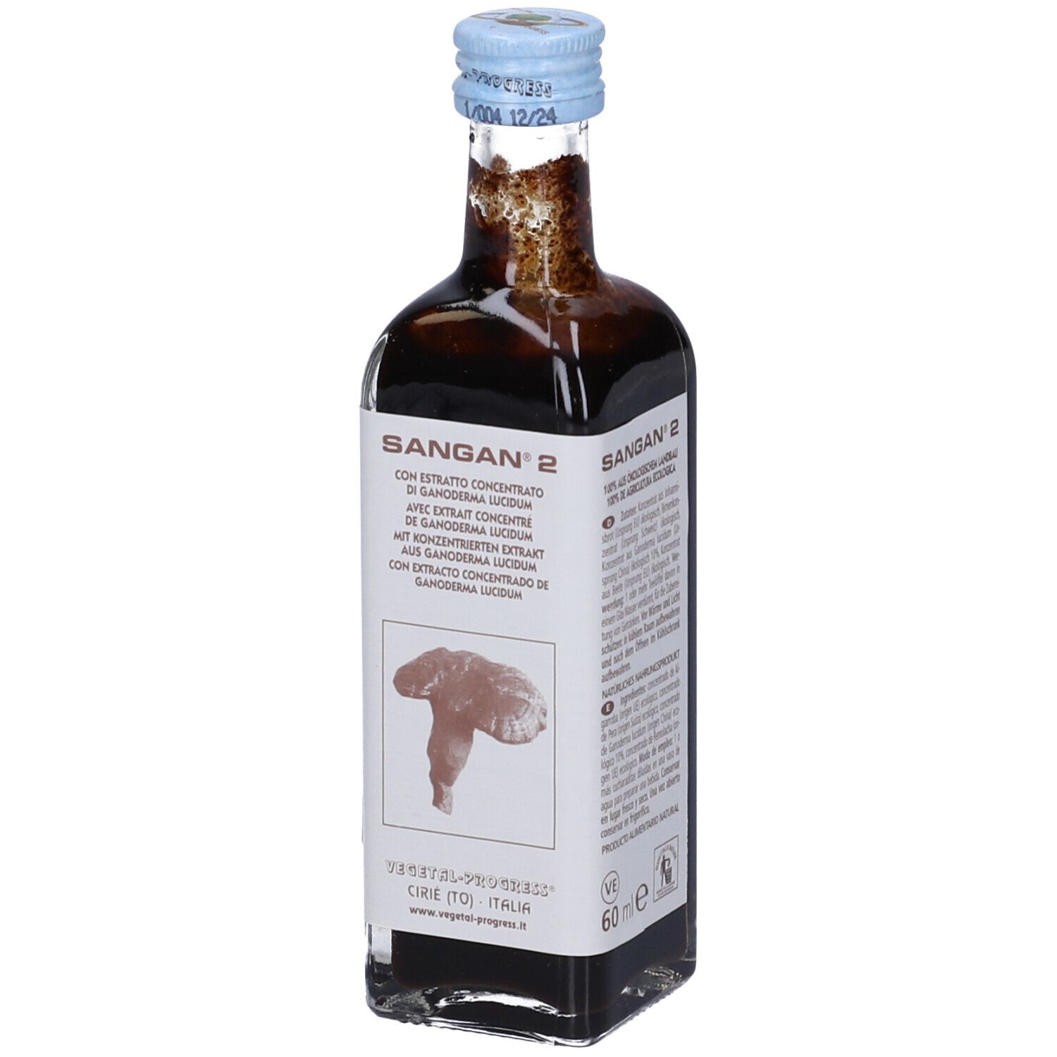 Flacone trasparente con liquido marrone. Etichetta con nome del prodotto e illustrazione. Tappo blu. Testo multilingue.