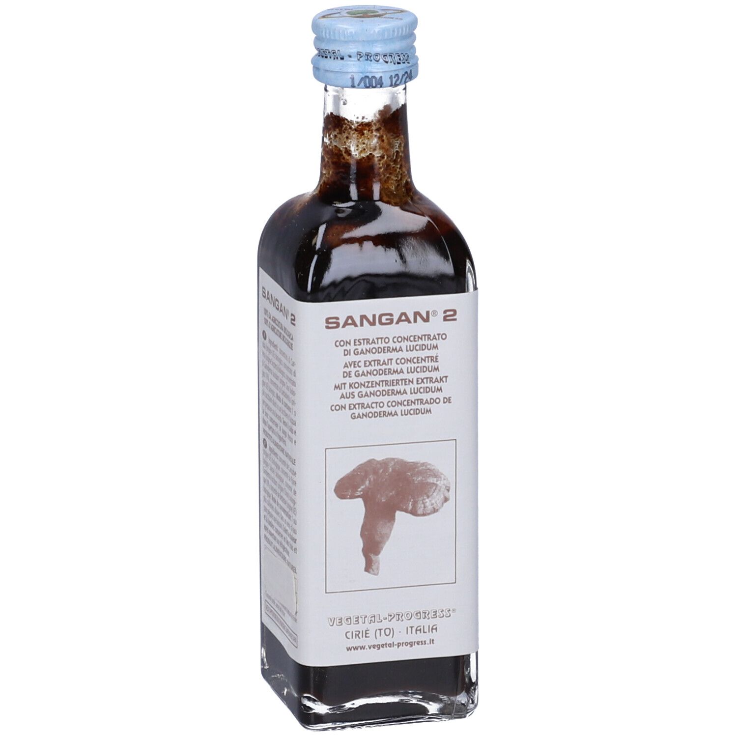 Flacone trasparente con liquido marrone. Etichetta con nome del prodotto e illustrazione. Tappo blu. Testo multilingue.