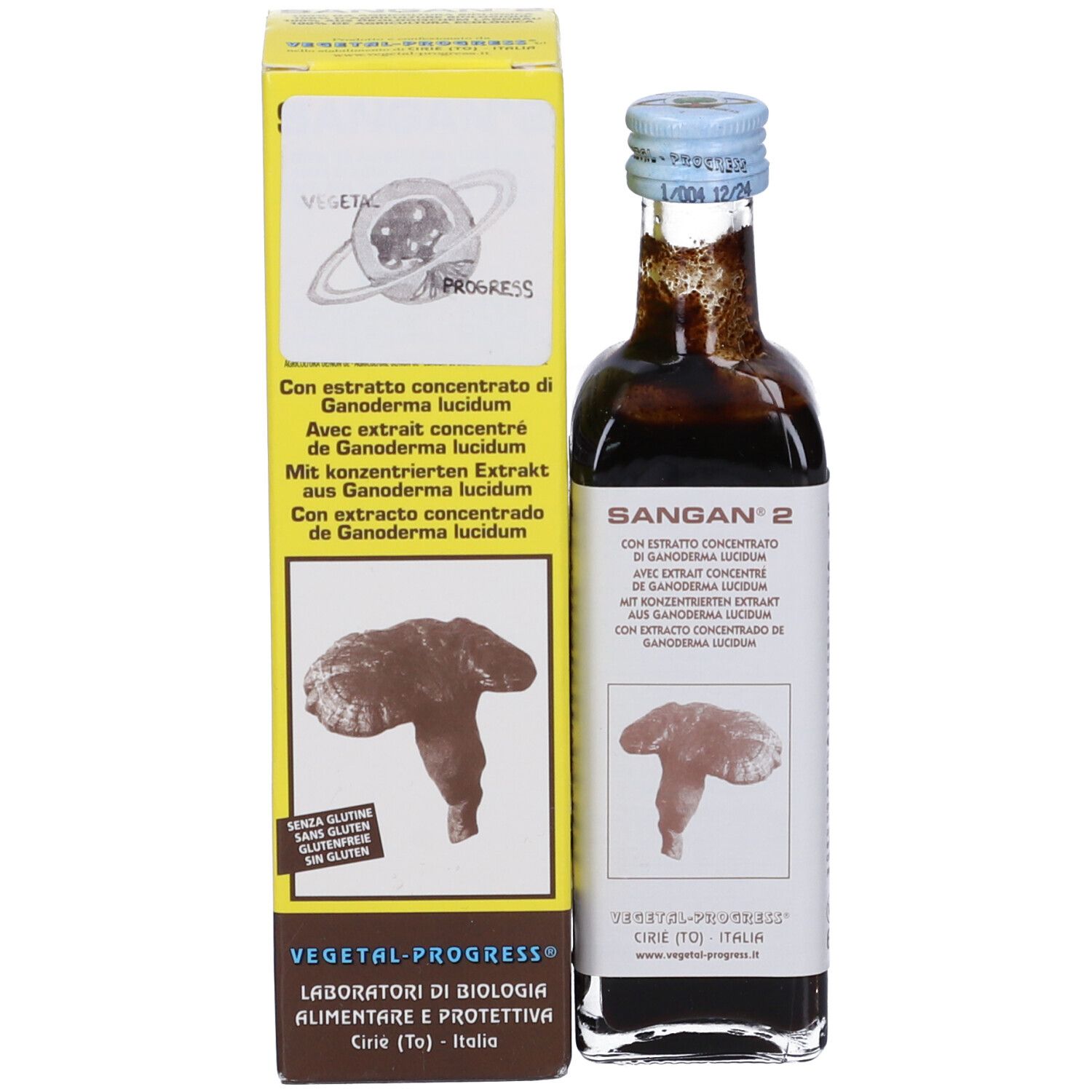 Flacone con liquido marrone e confezione in cartone. Etichetta con nome e illustrazione. Tappo blu. Testo multilingue.