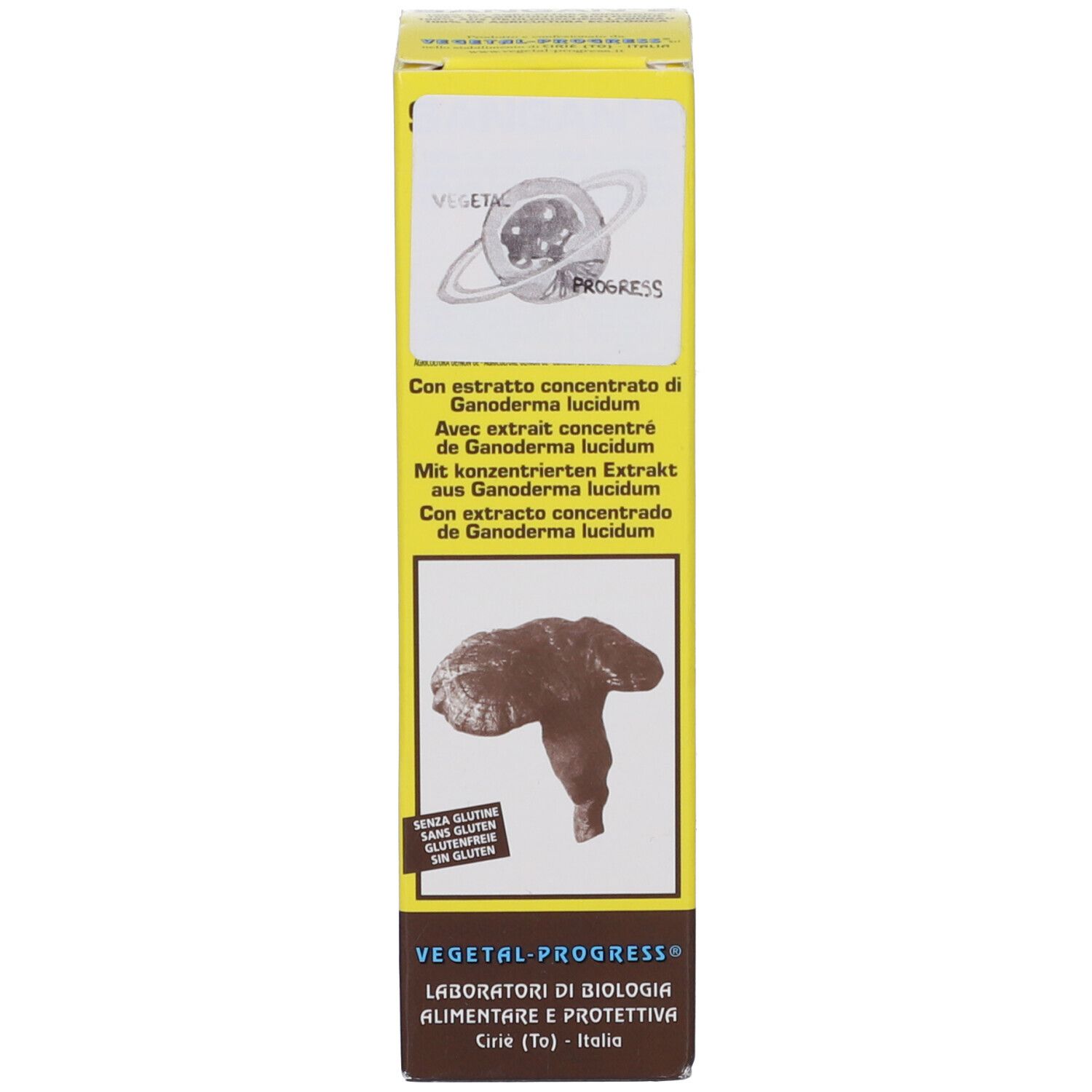 Confezione in cartone con informazioni sul prodotto. Logo e nome. Testo multilingue. Sfondo giallo.