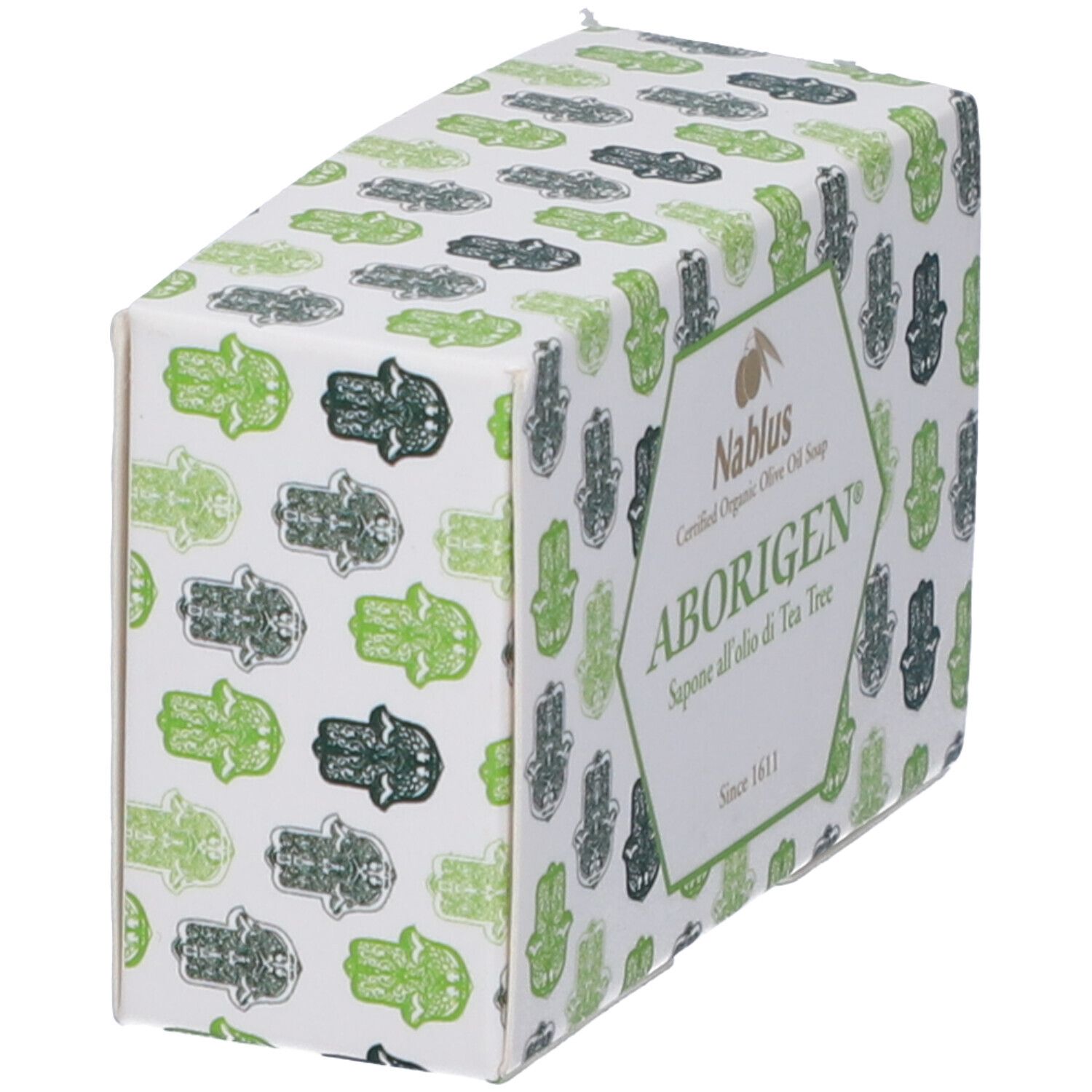 Confezione di sapone ABORIGEN angolata. Motivo Hamsa verde e bianco. Testo: ABORIGEN, Nablus, dal 1611.