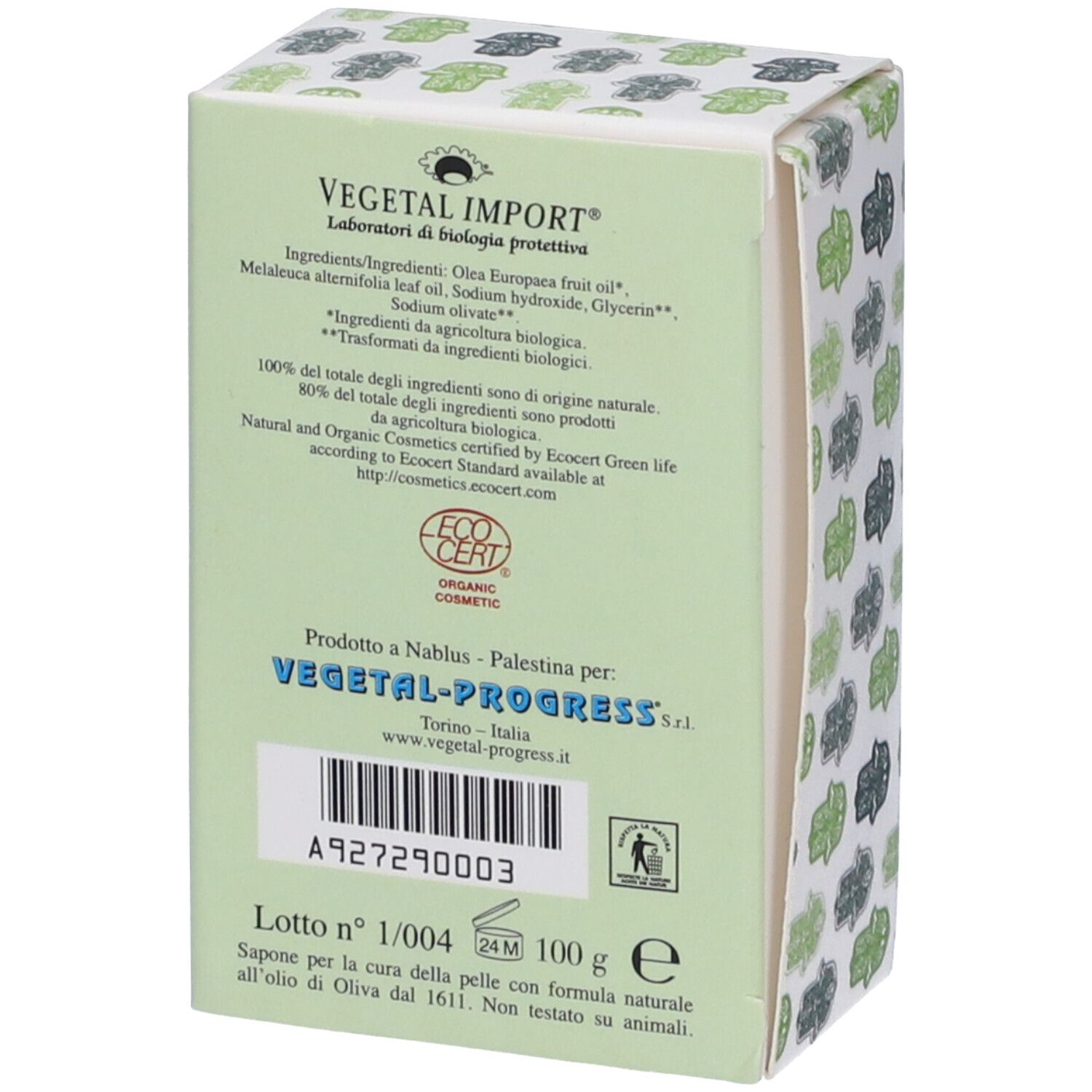 Retro della confezione del sapone. Testo: Vegetal Import, ingredienti, logo EcoCert, codice a barre, 100 g.