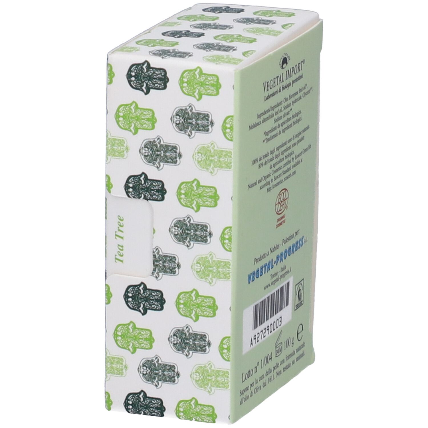 Confezione di sapone angolata. Motivo Hamsa verde e bianco. Testo: Vegetal Import, Tea Tree, logo EcoCert.
