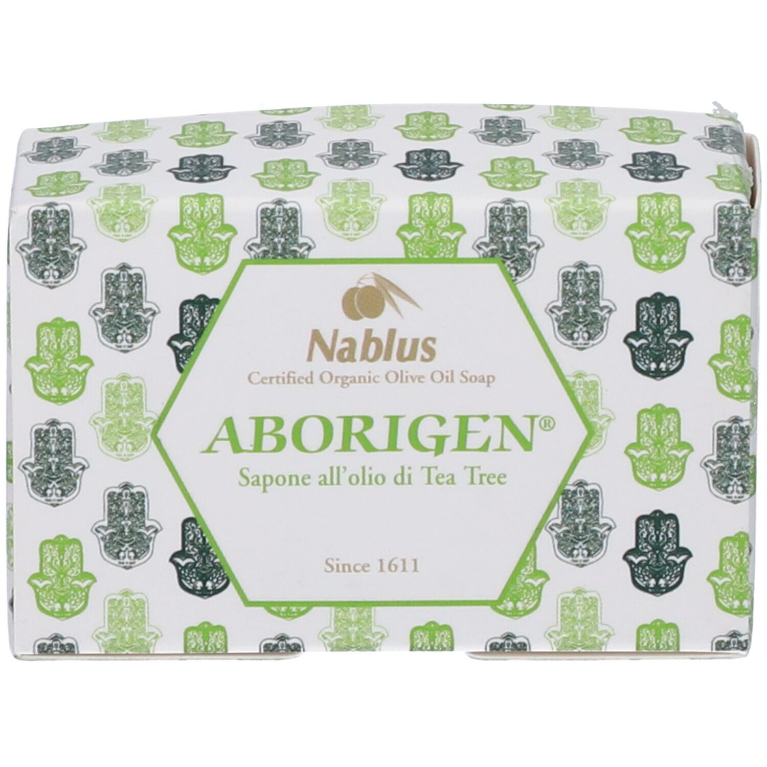 Confezione di sapone ABORIGEN. Motivo verde e bianco con motivi Hamsa. Testo: ABORIGEN, Nablus, dal 1611.