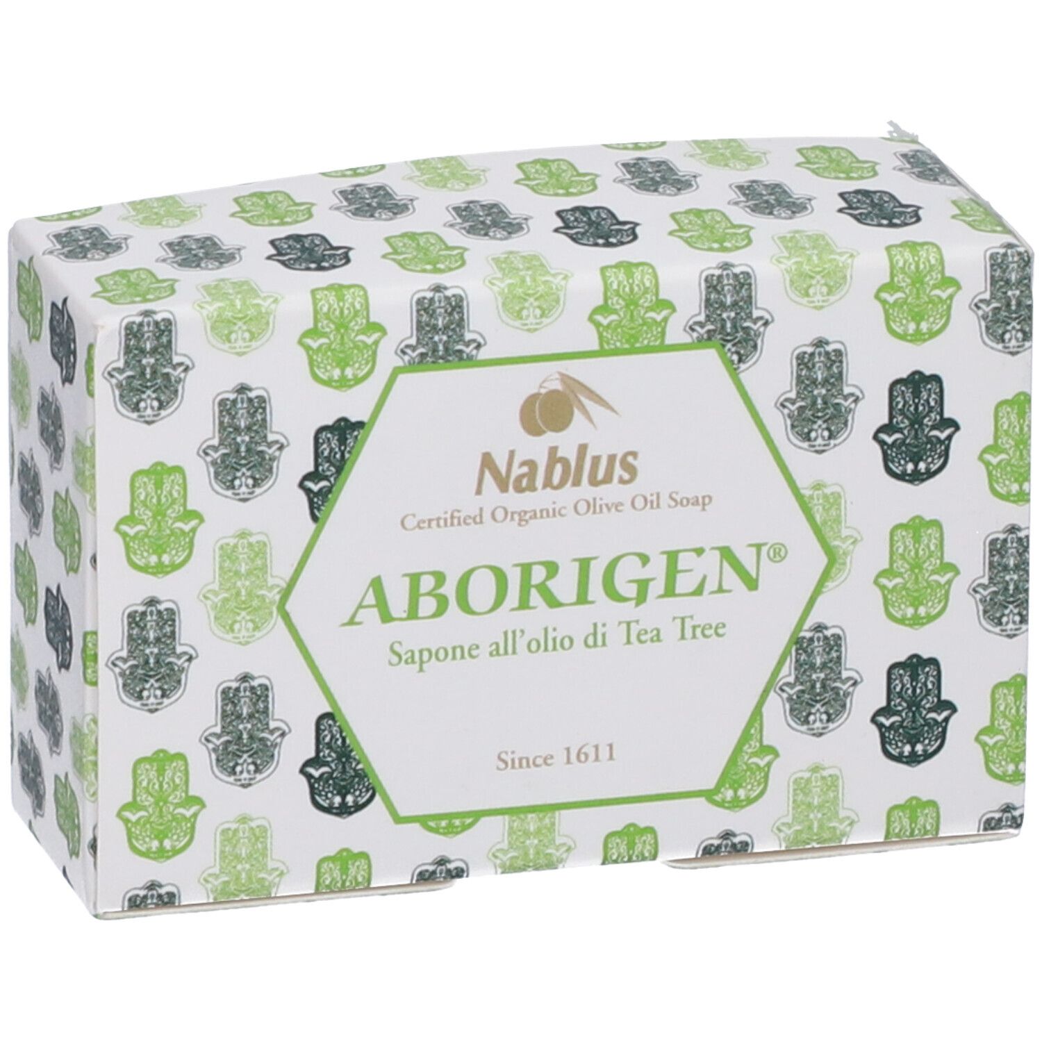 Confezione di sapone ABORIGEN. Motivo verde e bianco con motivi Hamsa. Testo: ABORIGEN, Nablus, dal 1611.