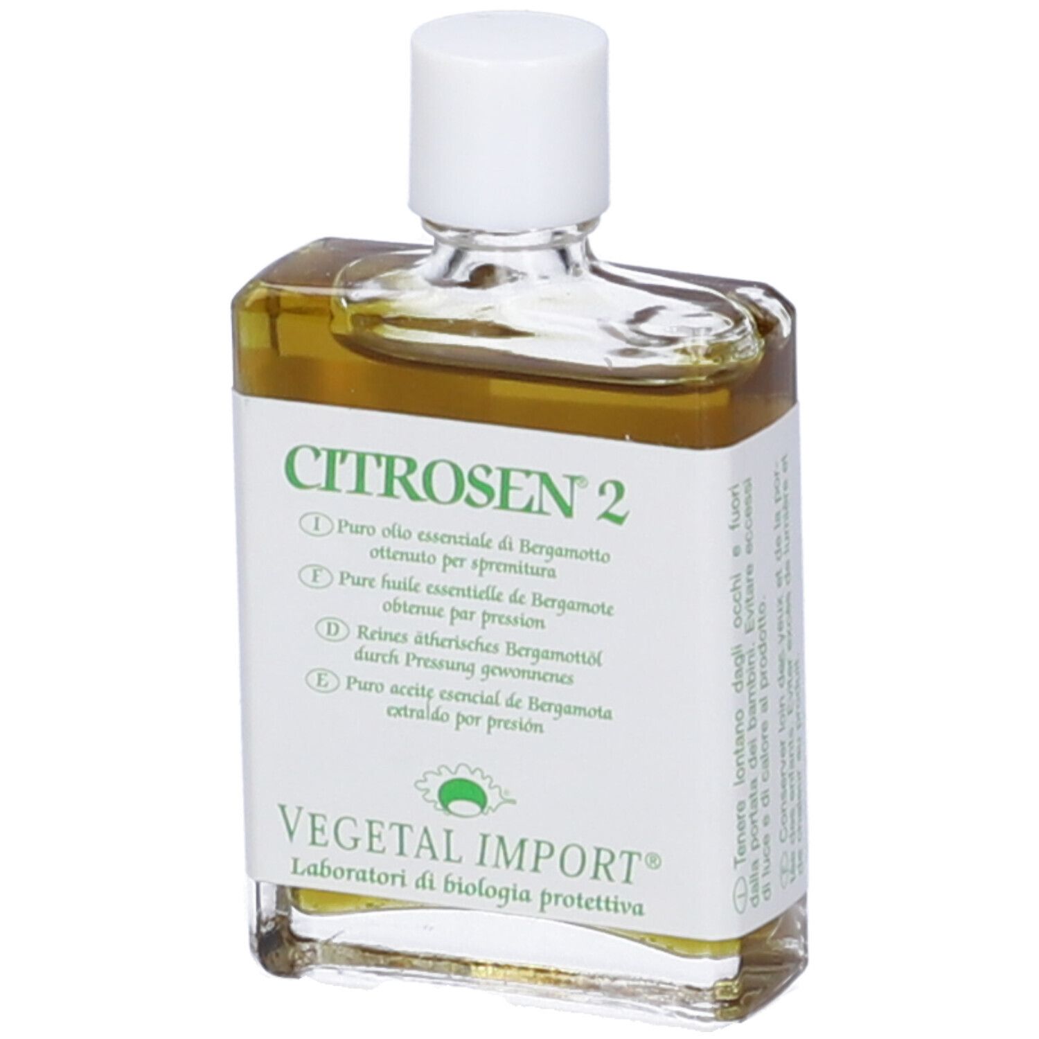 Flacone in vetro con tappo bianco. Etichetta con CITROSEN 2 e testo multilingue. Logo verde.