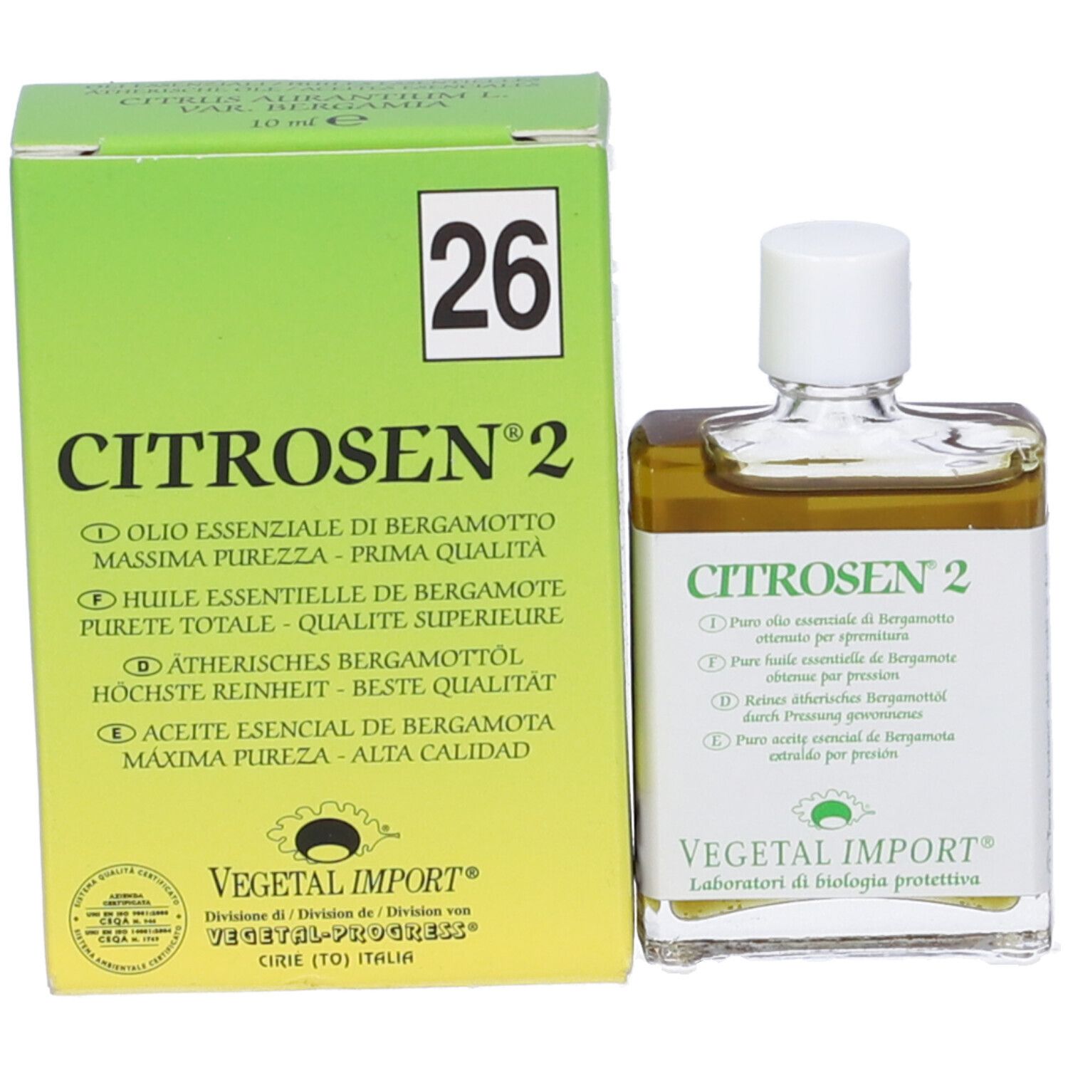 Scatola verde e flacone in vetro. CITROSEN 2 sulla scatola. Il flacone ha un'etichetta con CITROSEN 2.