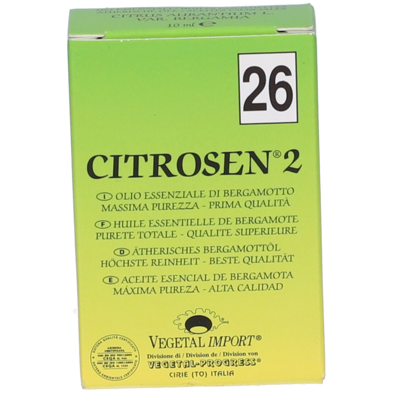 Scatola verde con CITROSEN 2 e testo multilingue. Logo e testo di Vegetal Progress.