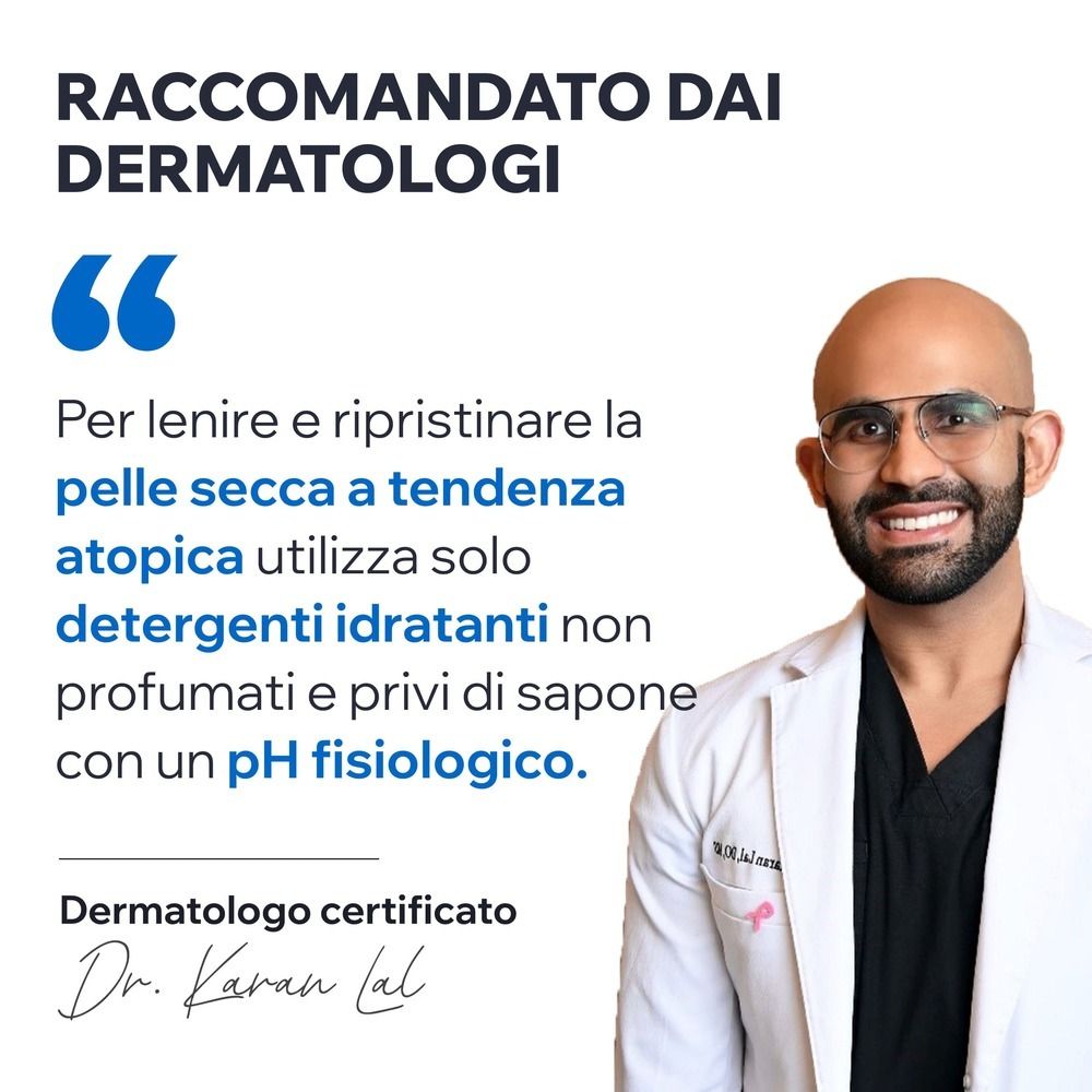 Un medico parla. Testo: Raccomandato dai dermatologi. Per pelli secche a tendenza atopica.