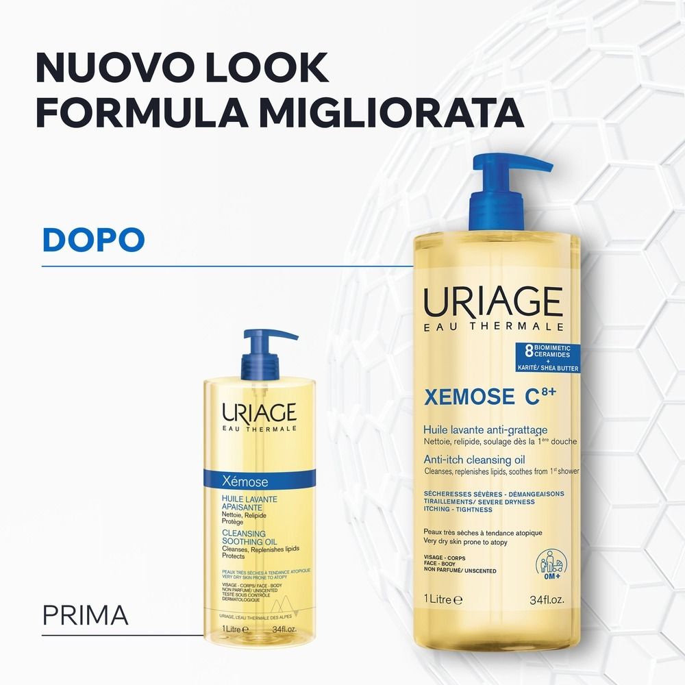 Confronto prima-dopo. Uriage Xémose C+ olio detergente. Flacone più grande.