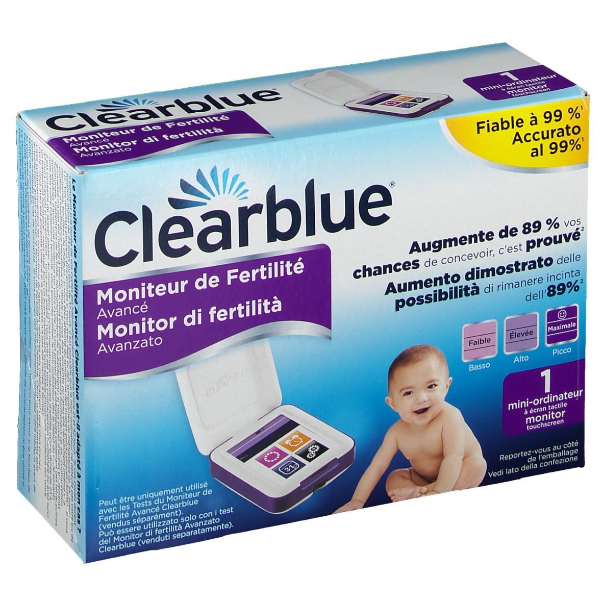 Confezione del monitor Clearblue. Bambino. Testo: Monitor di fertilità, Fiable à 99%.