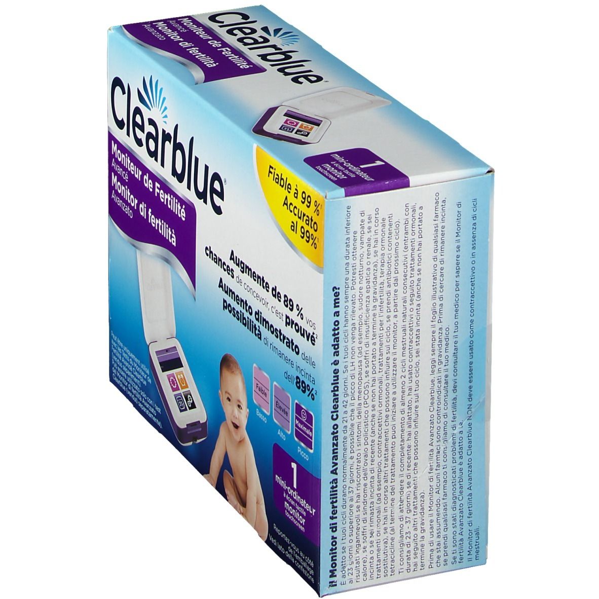 Confezione del monitor Clearblue. Testo: Monitor di fertilità, Augmente de 89% vos chances.