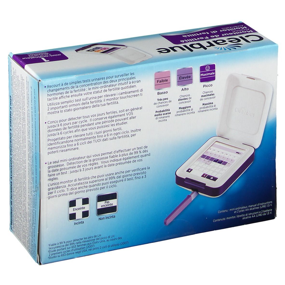 Retro della confezione del monitor Clearblue. Testo: Monitor di fertilità, Incinta, Non Incinta.