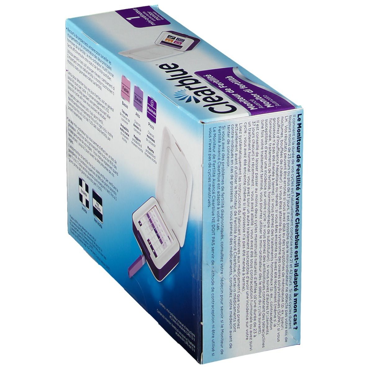 Vista obliqua della confezione del monitor Clearblue. Testo: Monitor di fertilità.