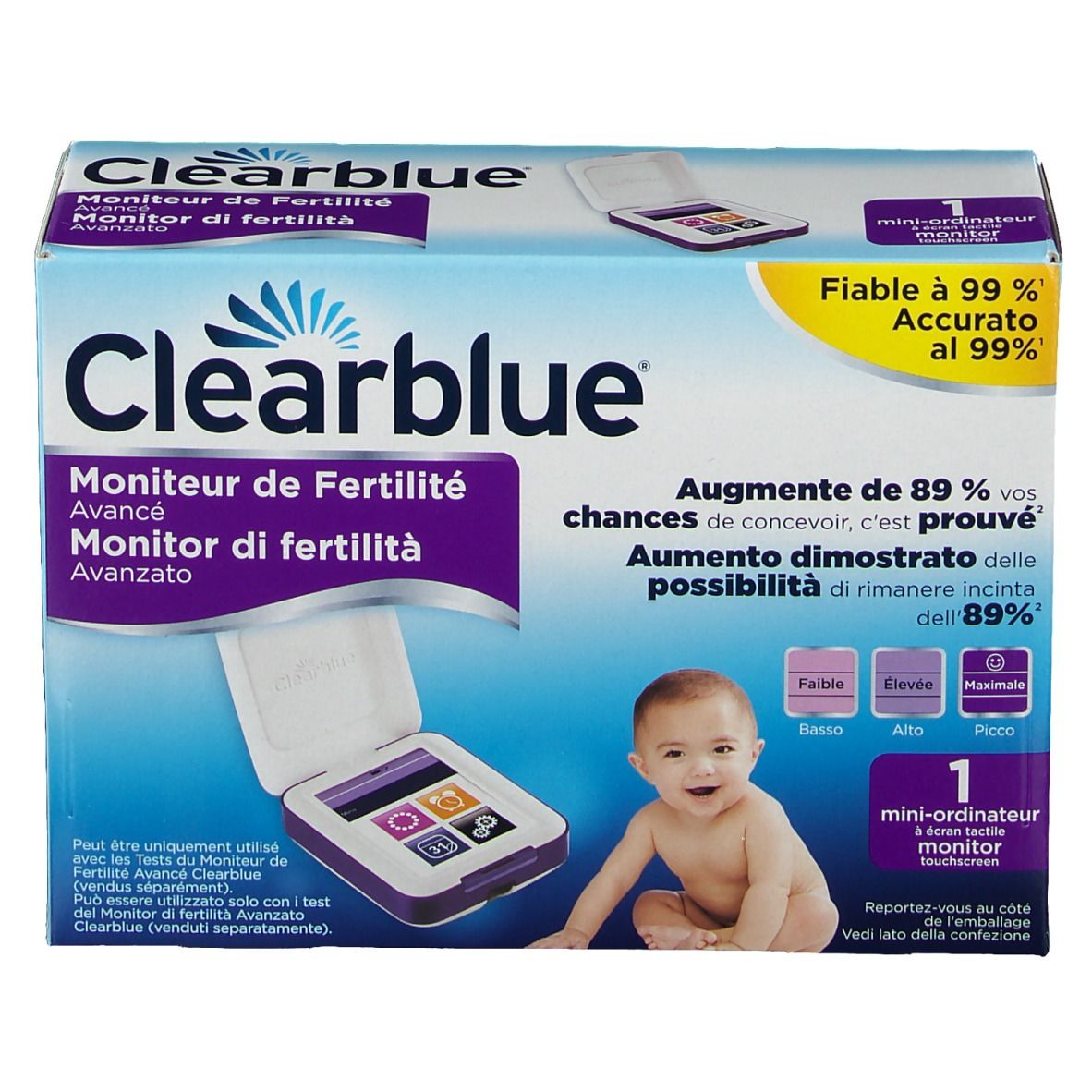 Fronte della confezione del monitor Clearblue. Bambino. Testo: Monitor di fertilità, Fiable à 99%.